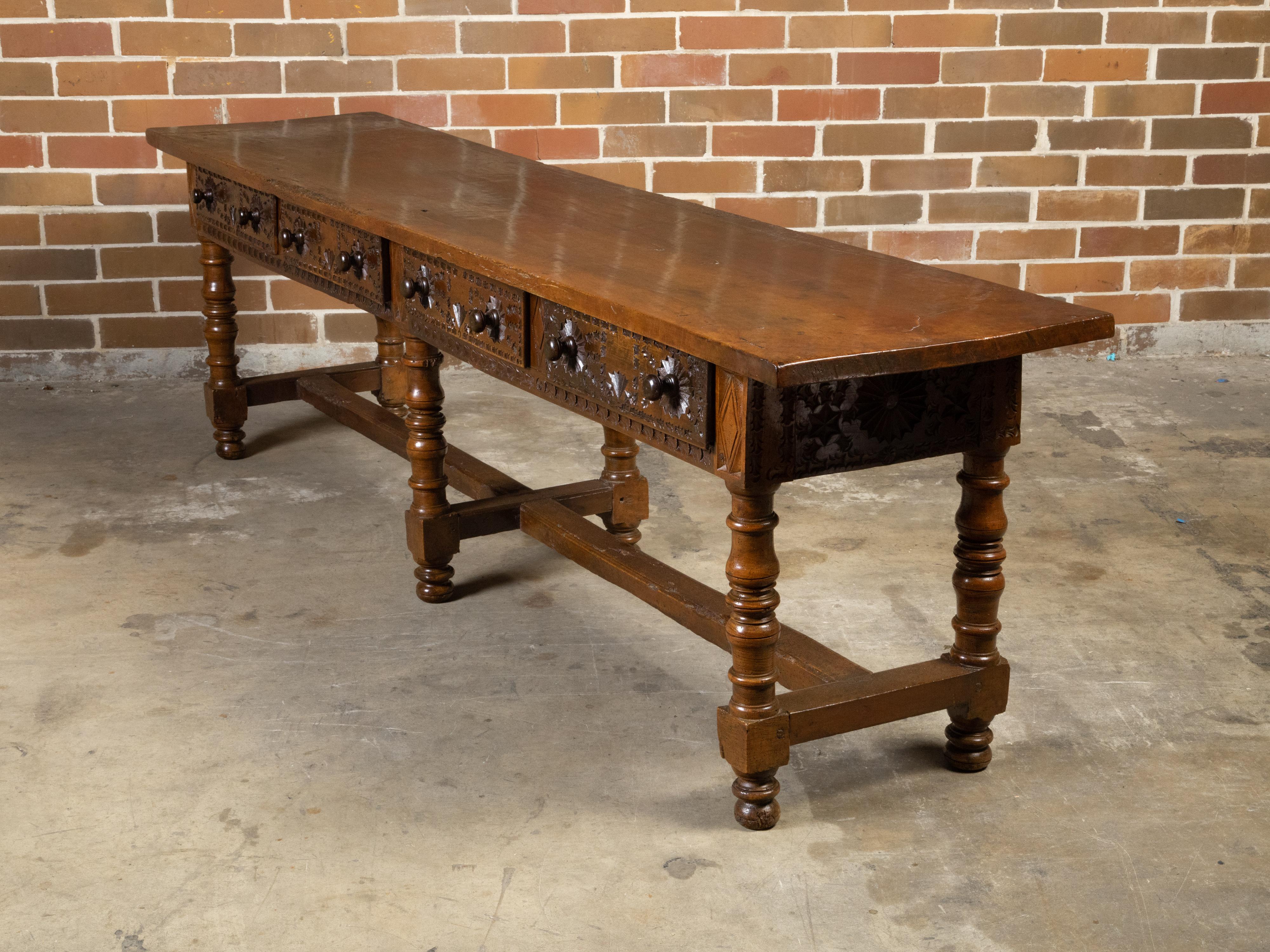 Spanish Colonial 18th Century Walnut Table with Four Richly Carved Drawers For Sale 3