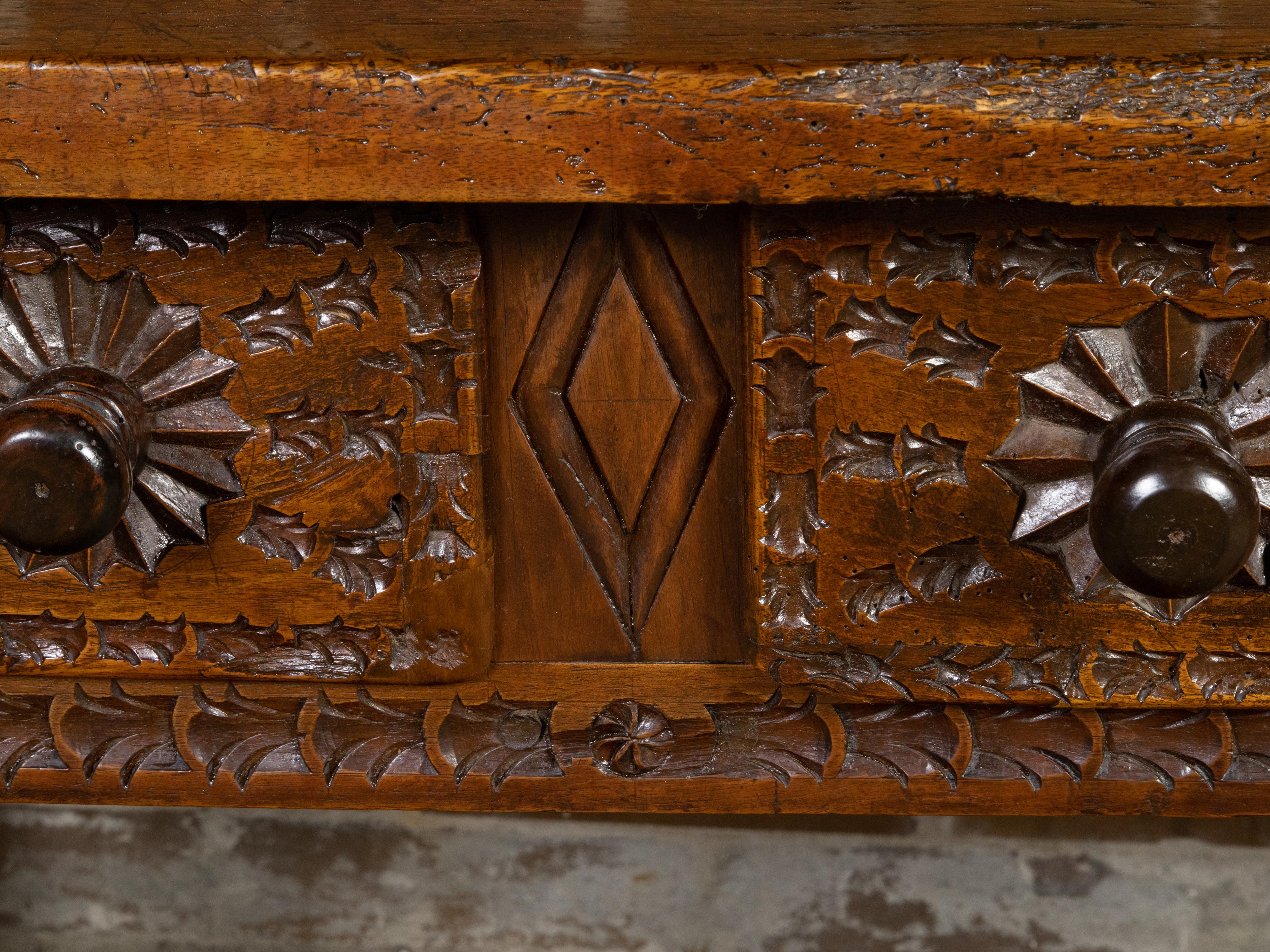 Spanish Colonial 18th Century Walnut Table with Four Richly Carved Drawers For Sale 3
