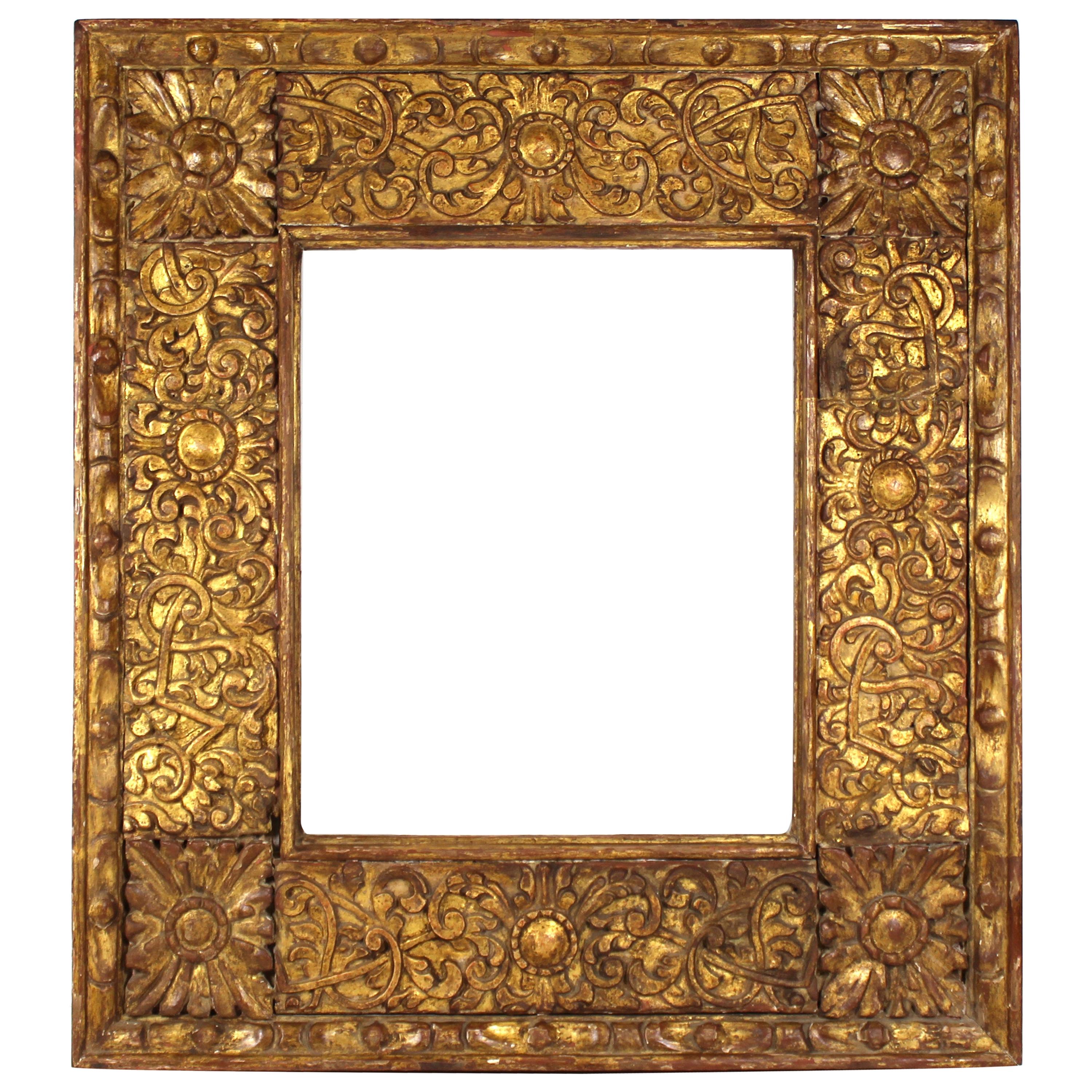 Spanish Colonial Baroque Giltwood Picture Frame with Heavy Carved Foliage For Sale