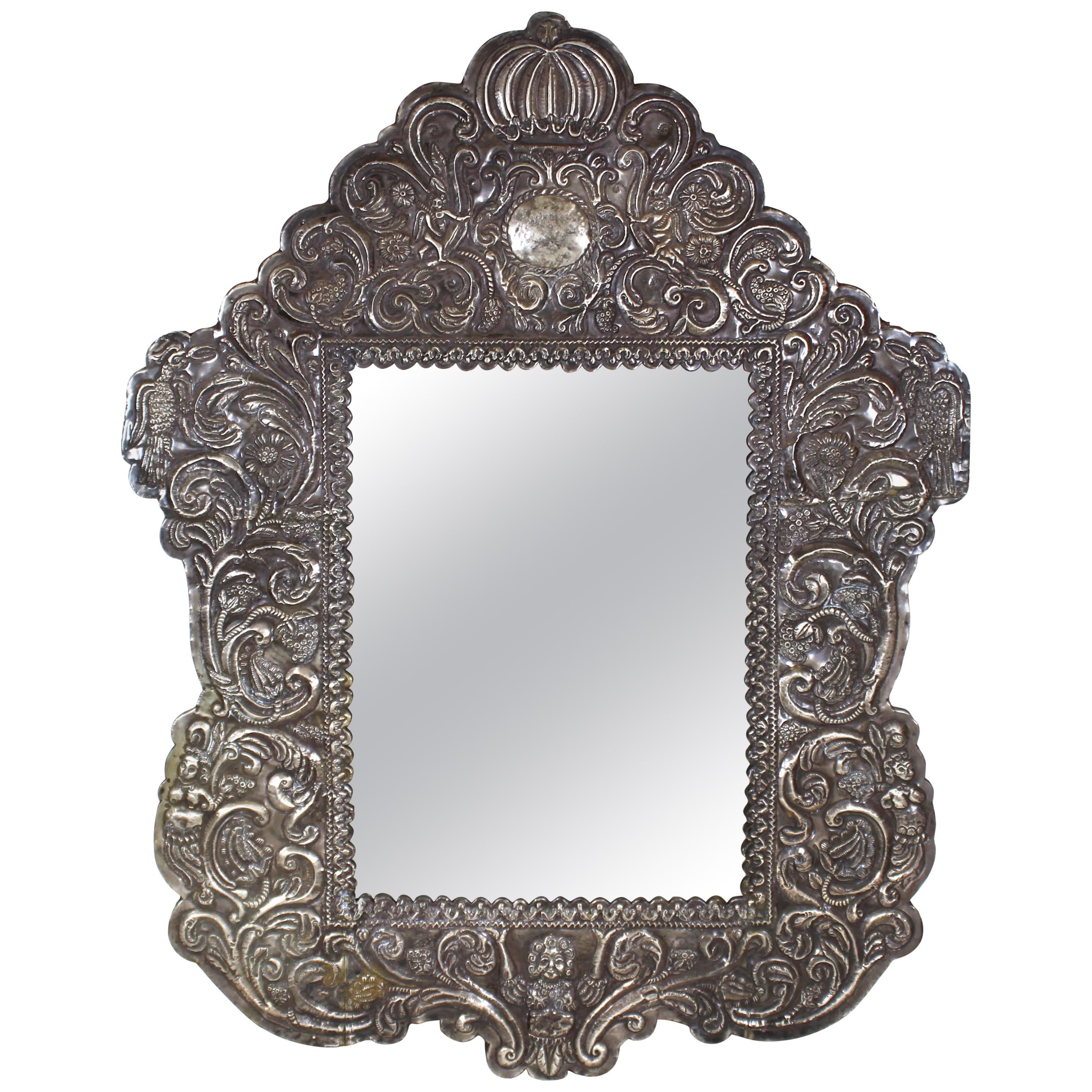 Spanish Colonial Baroque Repoussé Silver Mirror Frame with Allegories