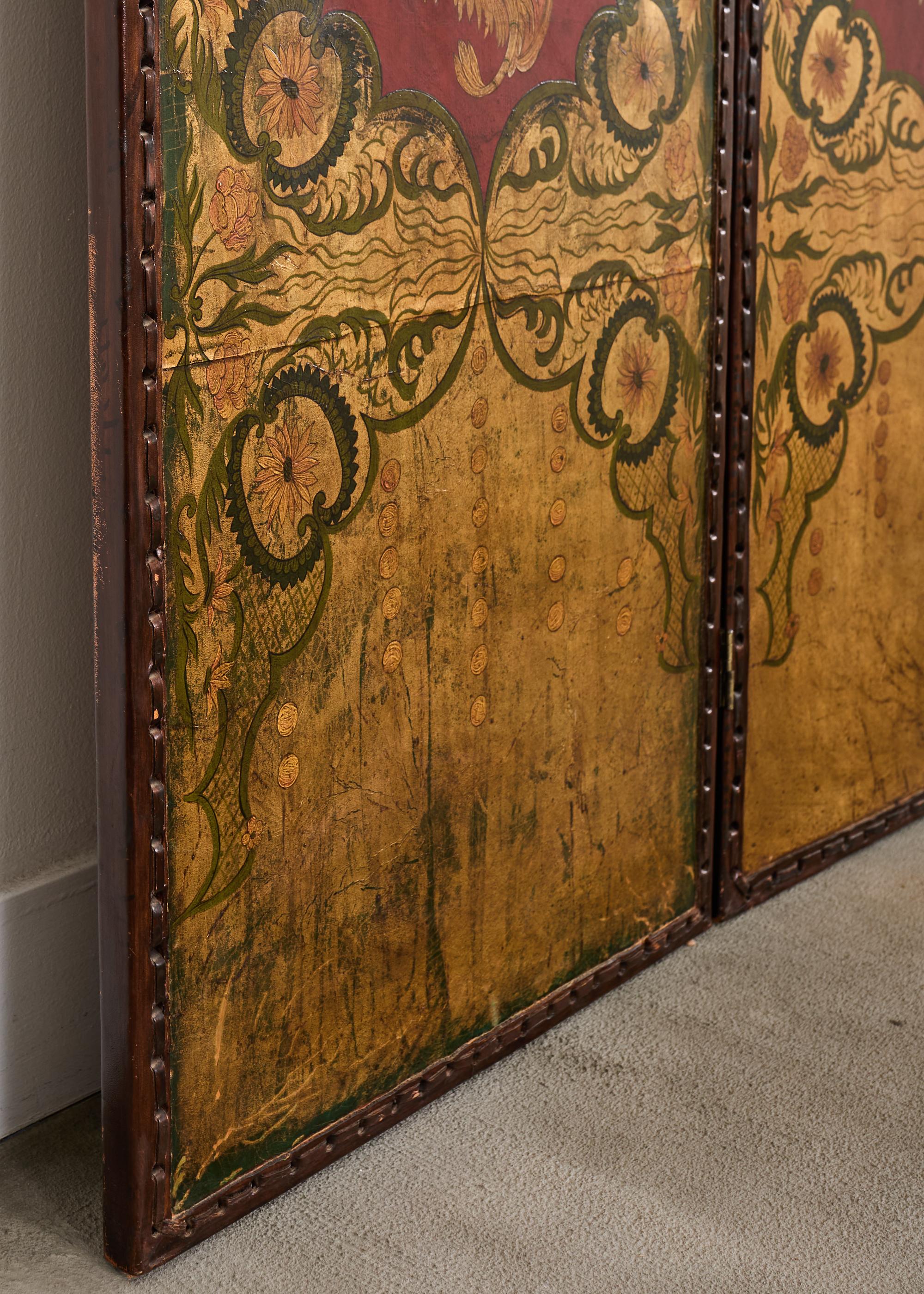 Spanisch Kolonial Barock Stil Gemaltes Leder Acht Panel Bildschirm im Angebot 11