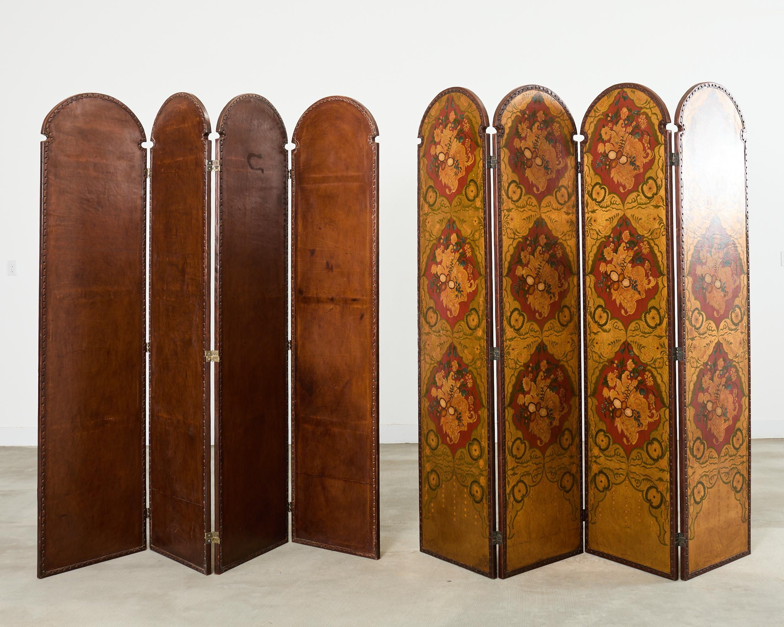 Spanisch Kolonial Barock Stil Gemaltes Leder Acht Panel Bildschirm im Angebot 13