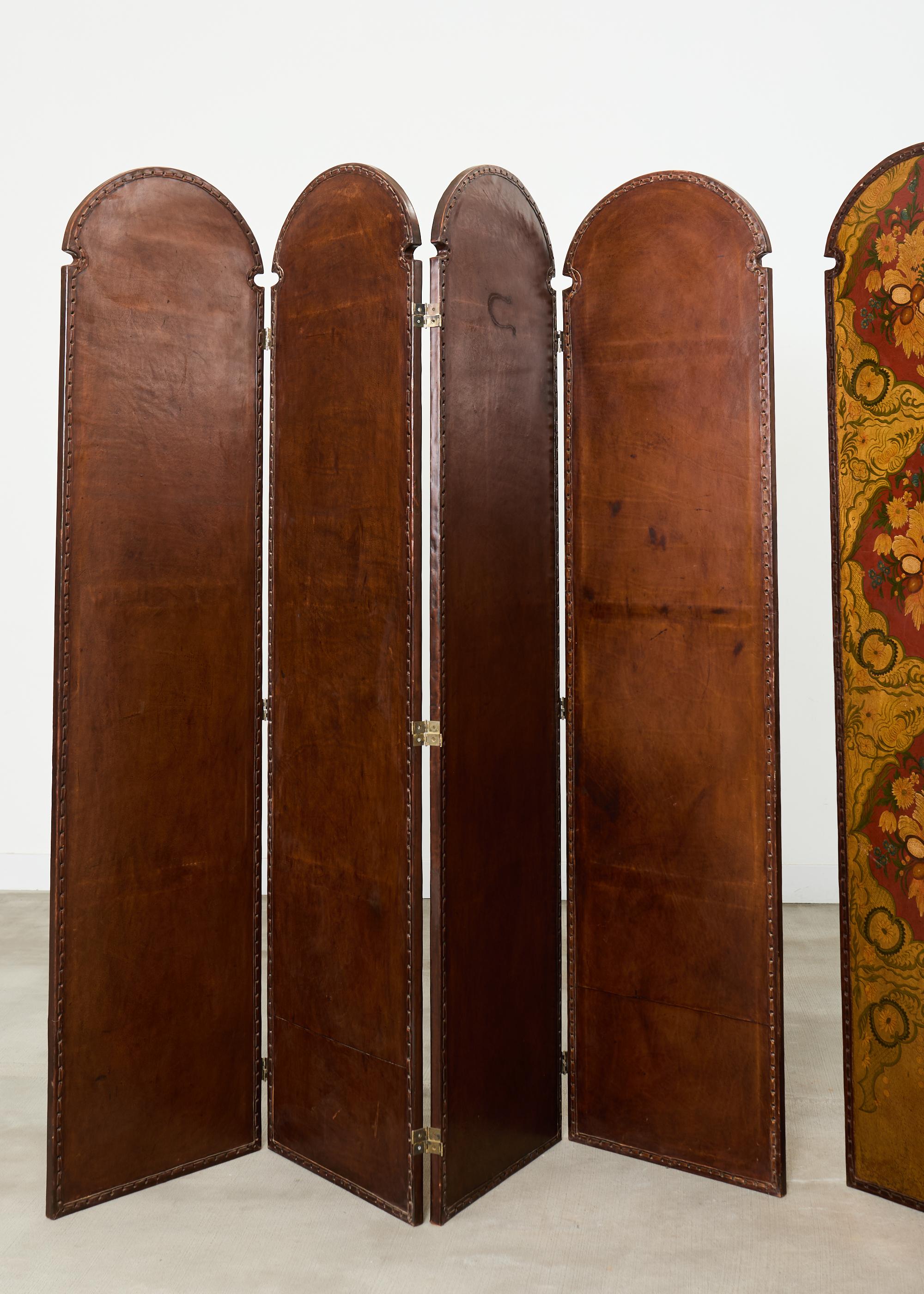 Spanisch Kolonial Barock Stil Gemaltes Leder Acht Panel Bildschirm im Angebot 14