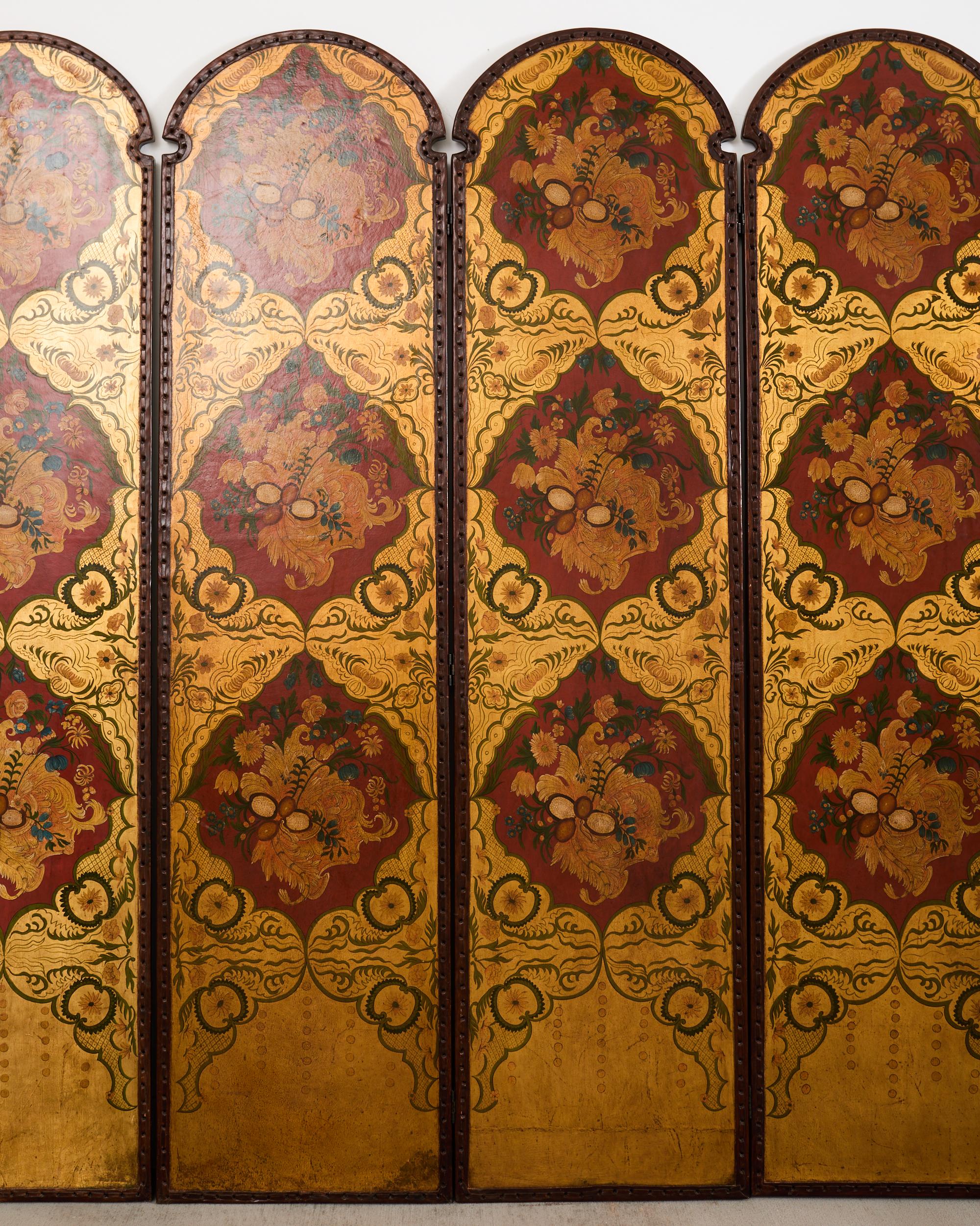 Spanisch Kolonial Barock Stil Gemaltes Leder Acht Panel Bildschirm im Zustand „Gut“ im Angebot in Rio Vista, CA