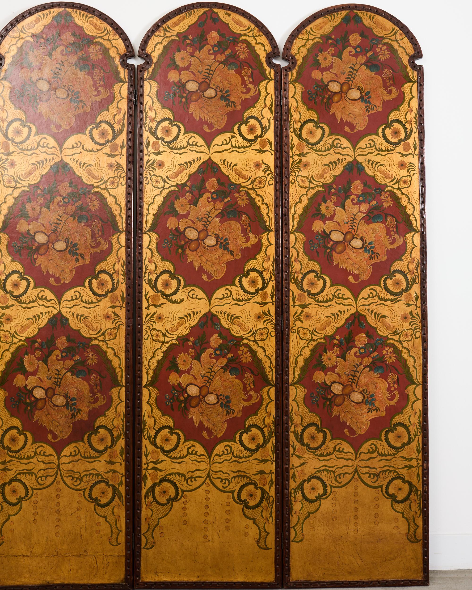 Spanisch Kolonial Barock Stil Gemaltes Leder Acht Panel Bildschirm (20. Jahrhundert) im Angebot
