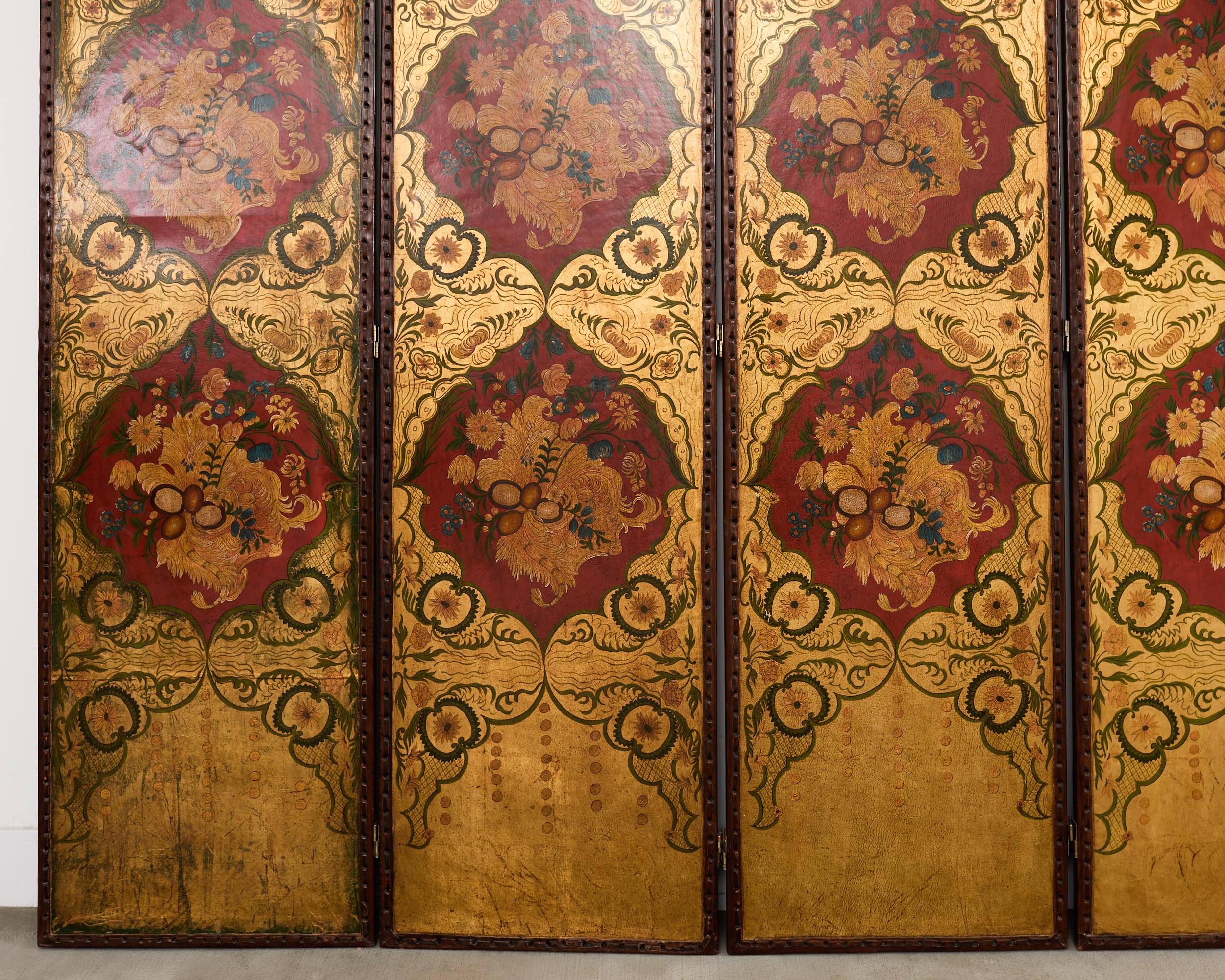 Spanisch Kolonial Barock Stil Gemaltes Leder Acht Panel Bildschirm im Angebot 1