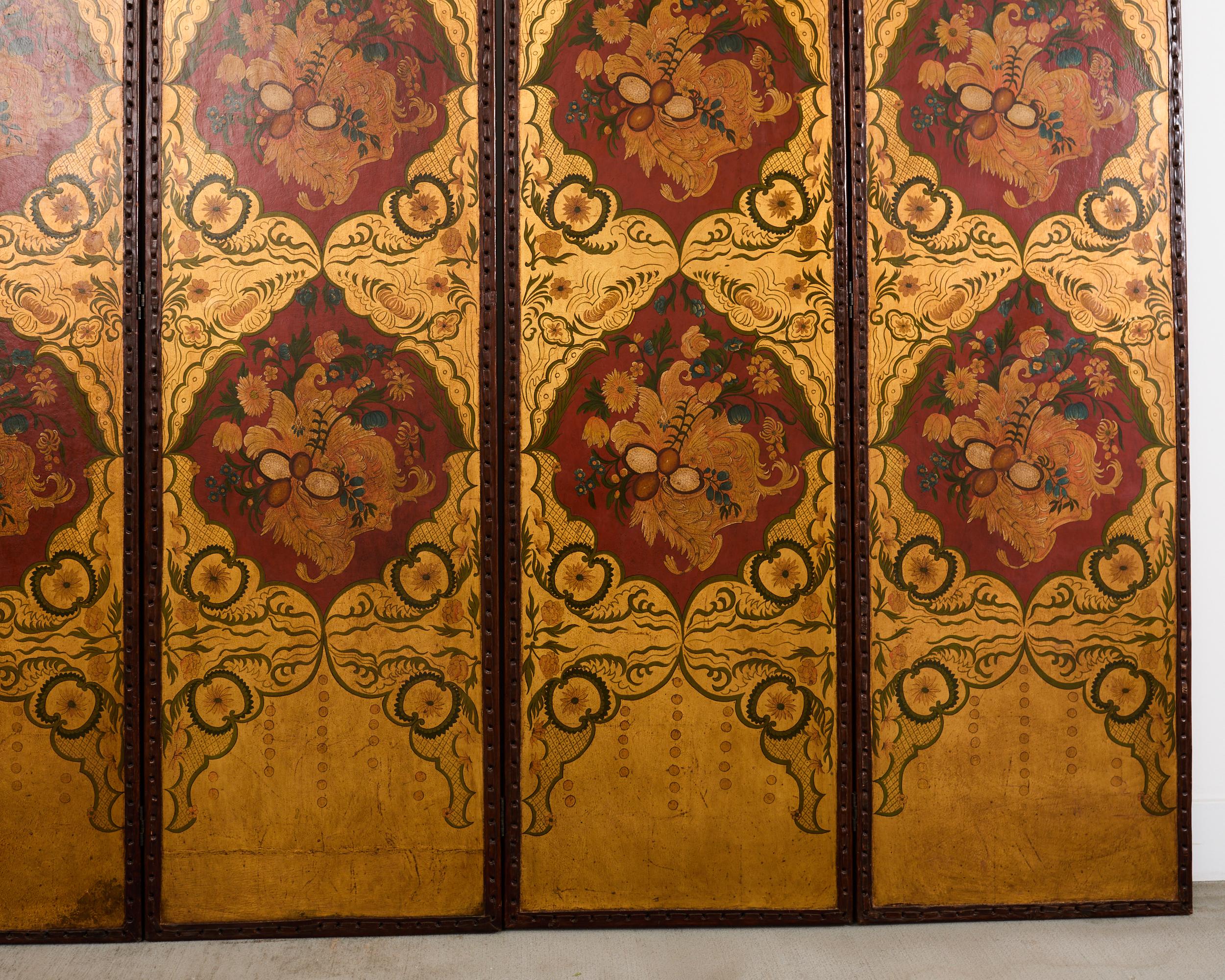 Spanisch Kolonial Barock Stil Gemaltes Leder Acht Panel Bildschirm im Angebot 3