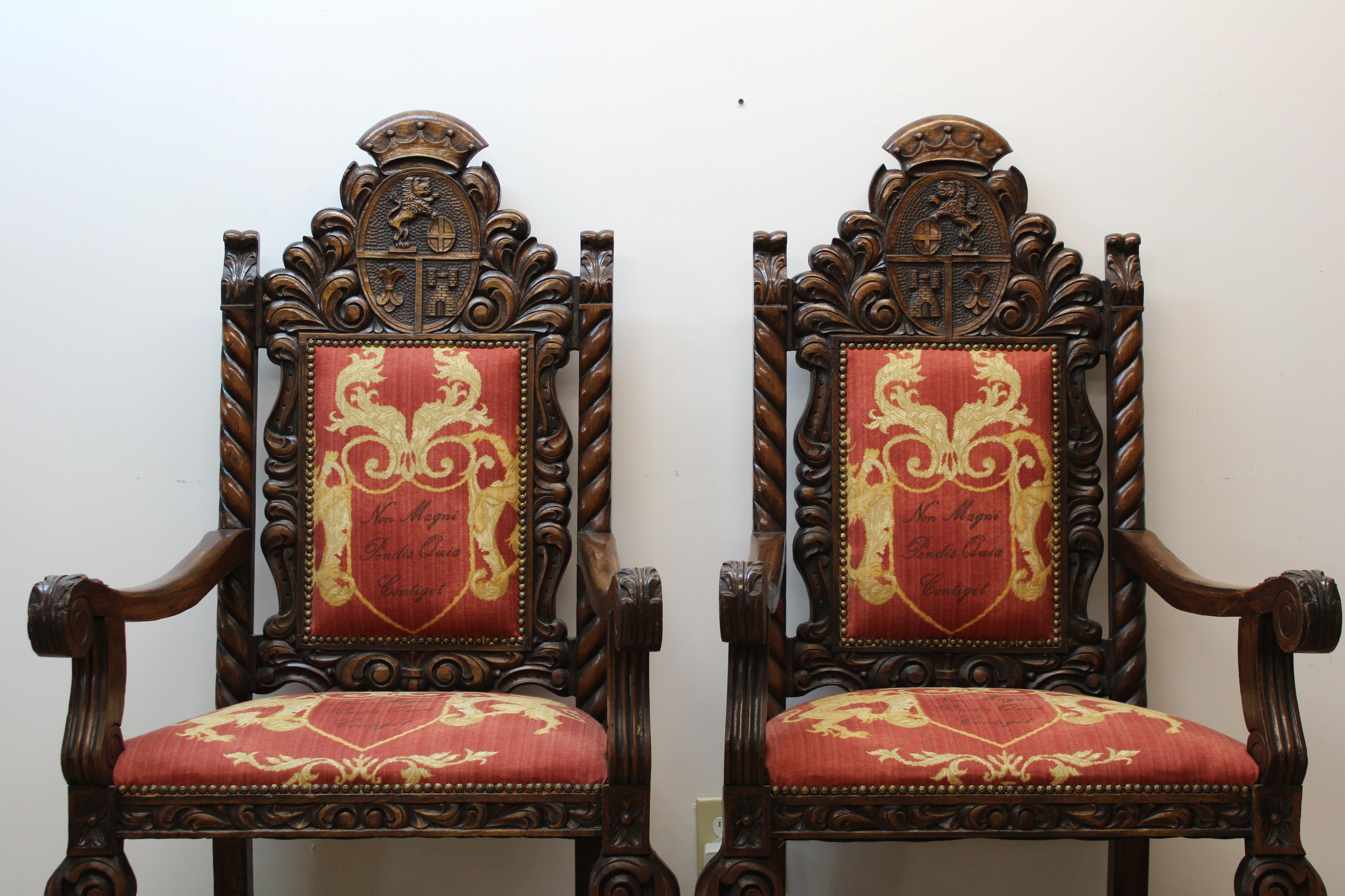 C. late 19th century - early 20th century

Beautiful Spanish colonial hand carved wood w/ crest & paw feet

Red & yellow upholstered ( Worn ) but still in good condition.