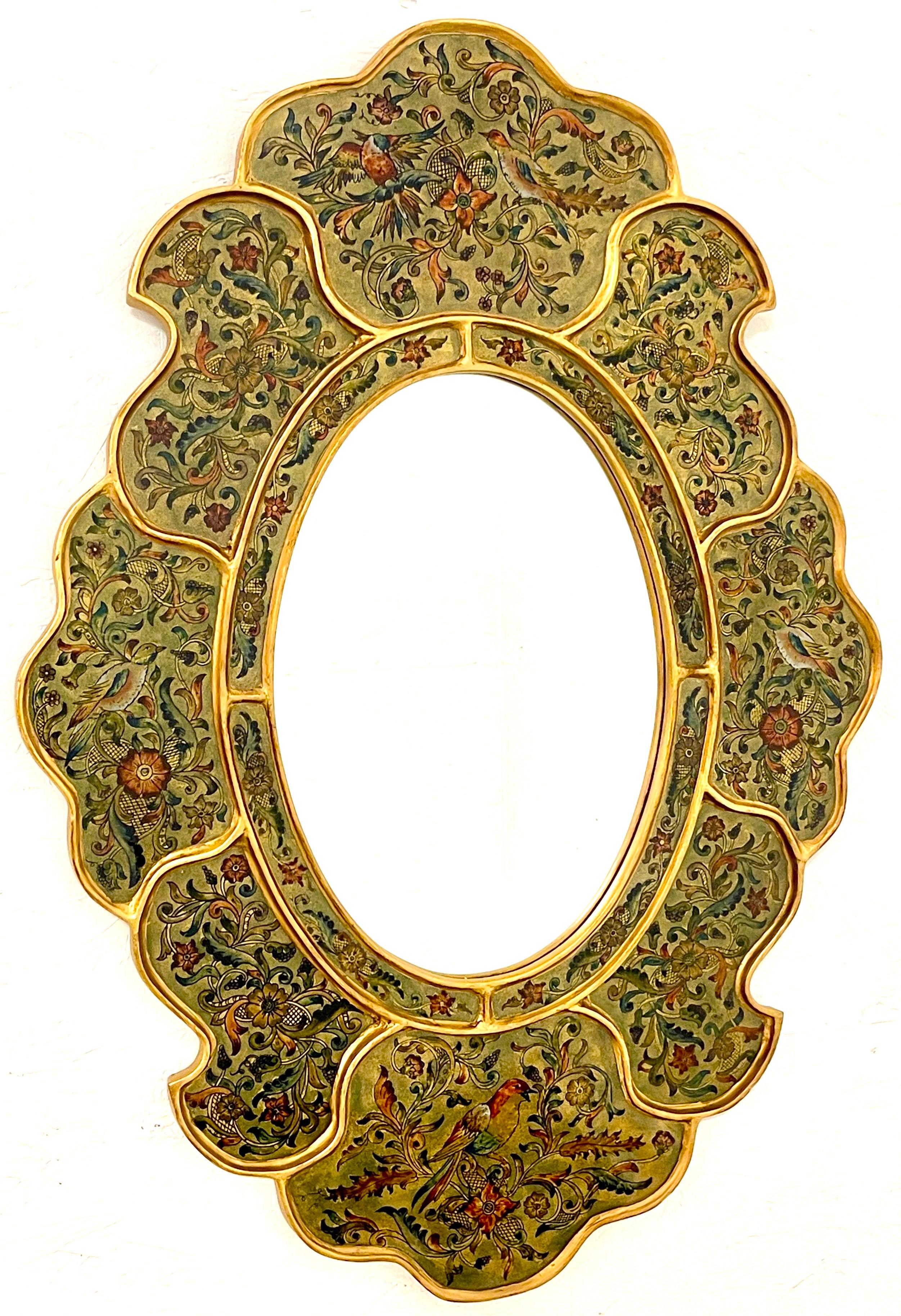 Spanish Colonial Bird & Floral Decorated Gilt Scalloped Verre Églomisé Mirror
Peru,  Circa 1980s
An exquisite Spanish Colonial Style Peruvian Bird & Floral Decorated Gilt Scalloped Verre Églomisé Mirror from the 1980s. This stunning piece stands