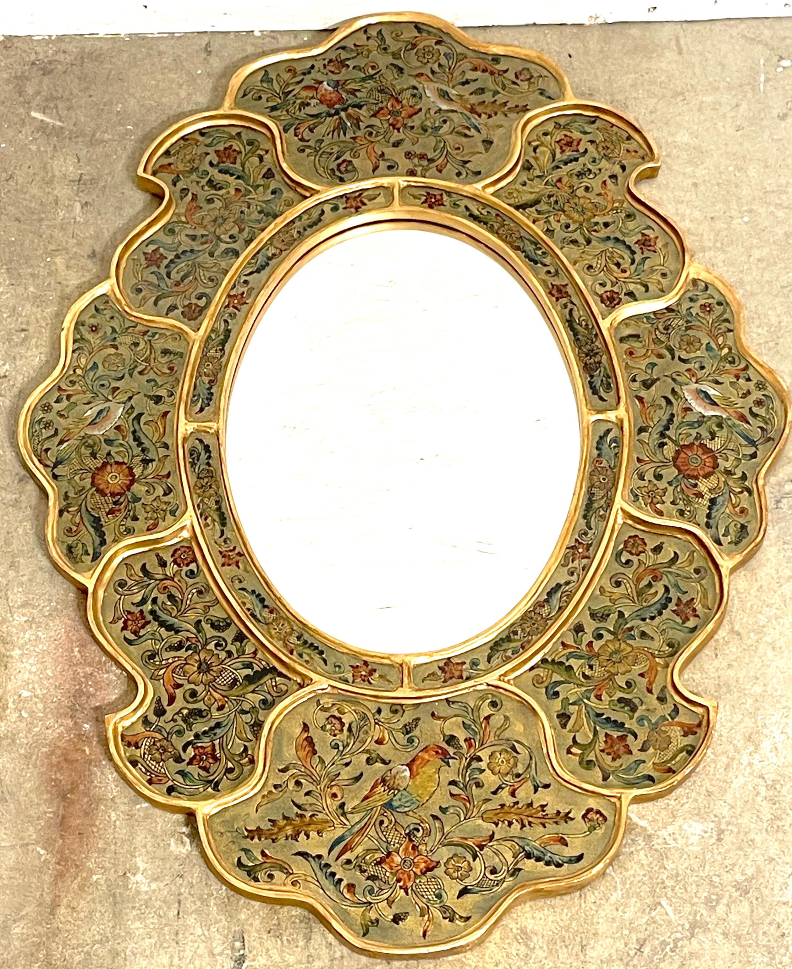 Hand-Painted Spanish Colonial Bird & Floral Decorated Gilt Scalloped Verre Églomisé Mirror For Sale
