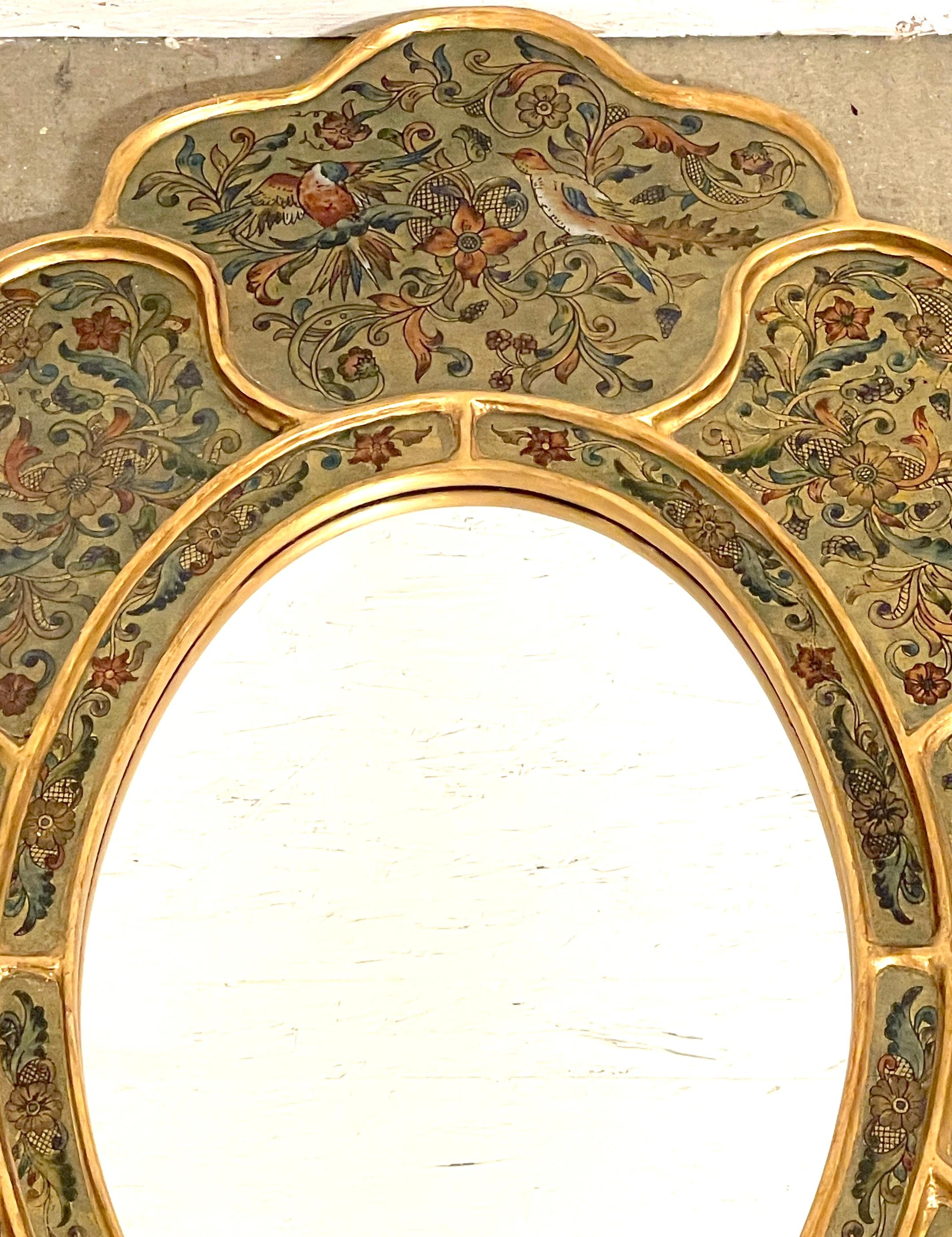 Spanish Colonial Bird & Floral Decorated Gilt Scalloped Verre Églomisé Mirror In Good Condition For Sale In West Palm Beach, FL