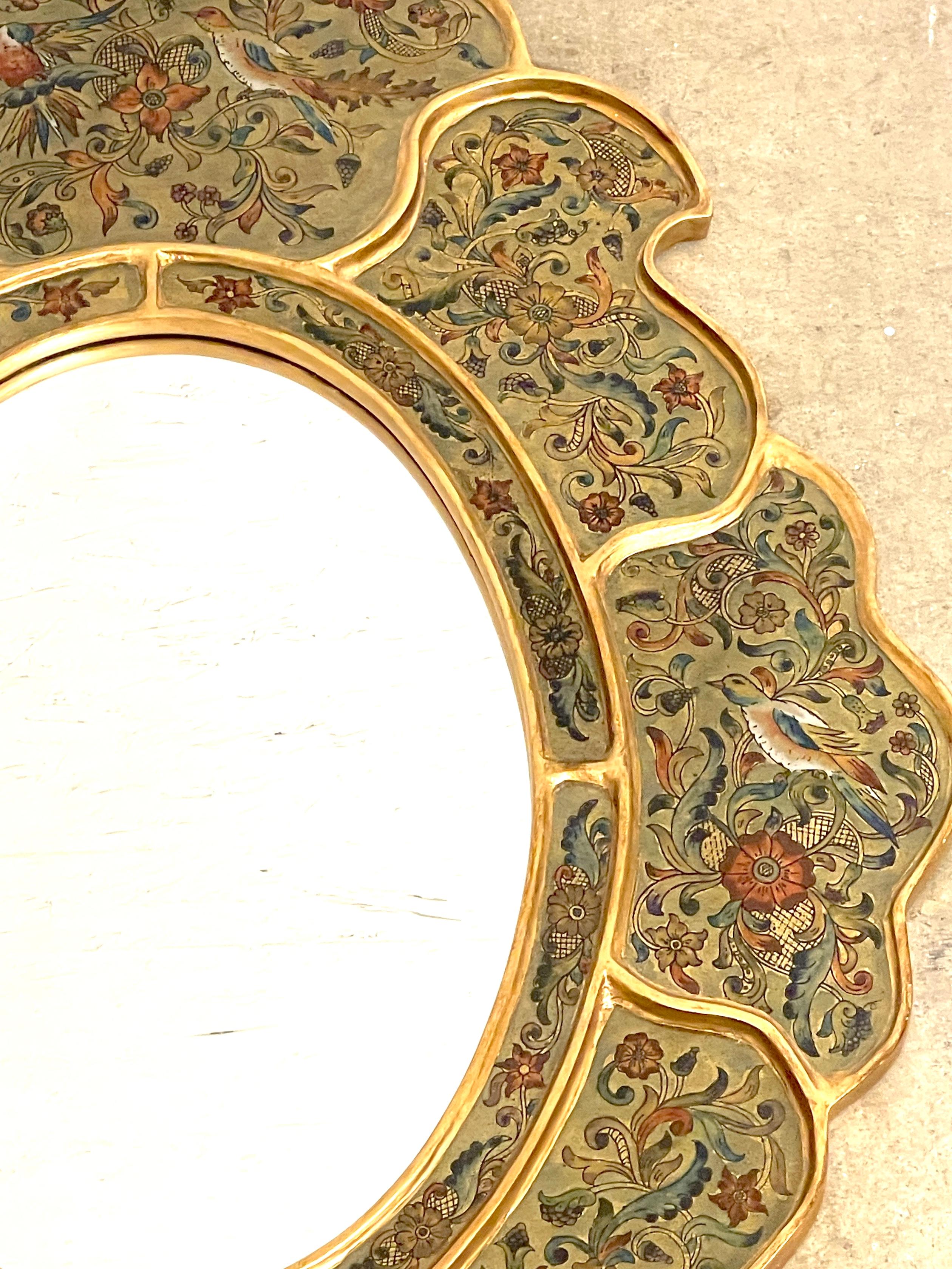 20th Century Spanish Colonial Bird & Floral Decorated Gilt Scalloped Verre Églomisé Mirror For Sale