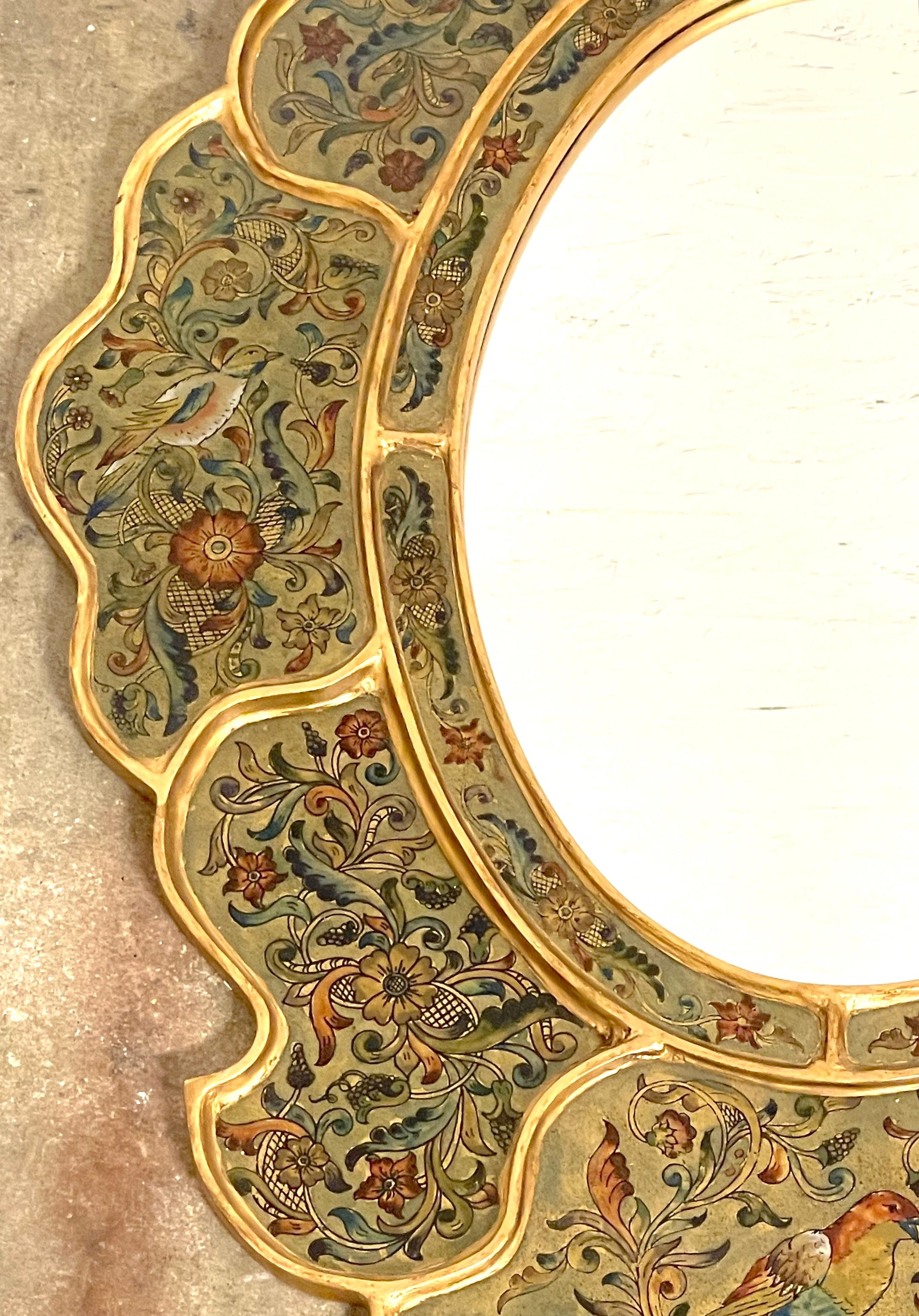 Spanish Colonial Bird & Floral Decorated Gilt Scalloped Verre Églomisé Mirror For Sale 1