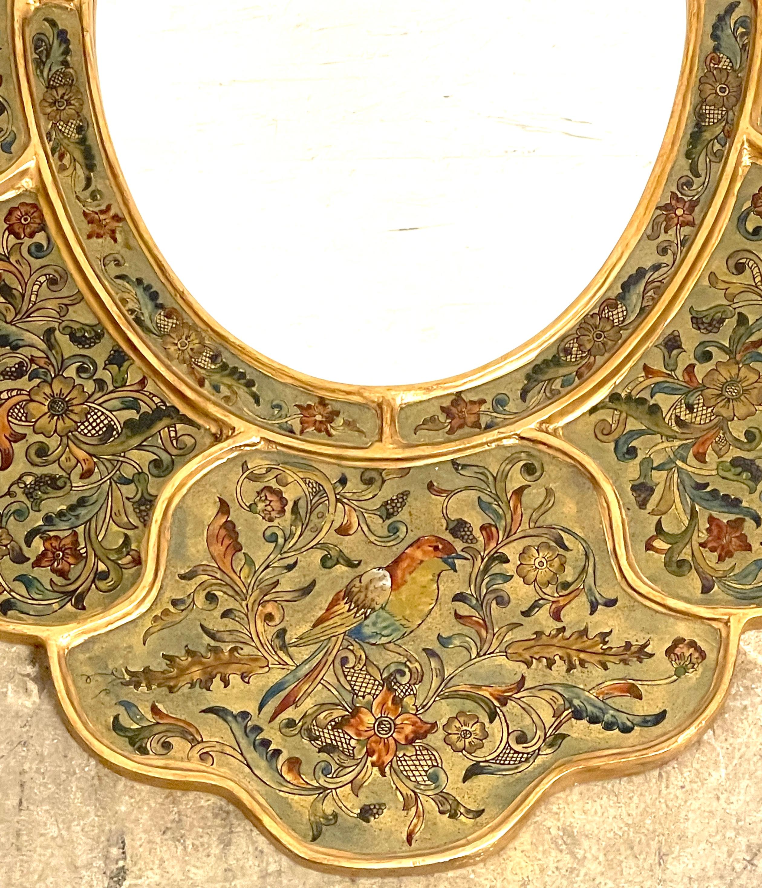 Spanish Colonial Bird & Floral Decorated Gilt Scalloped Verre Églomisé Mirror For Sale 2