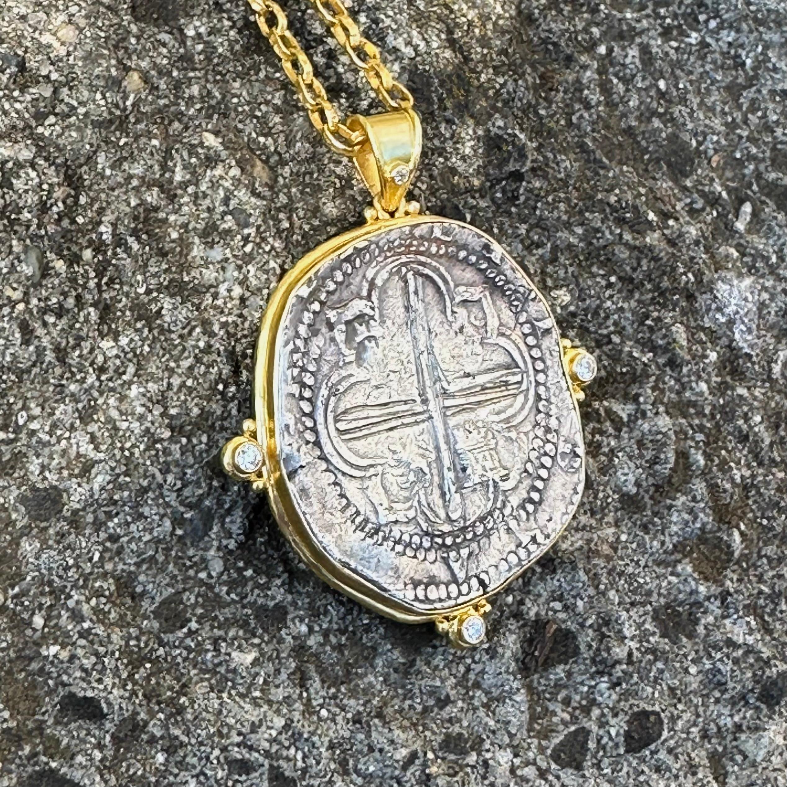 Spanish Colonial Bolivia 1600's Eight Reales Coin Diamonds 18K Gold Pendant For Sale 4