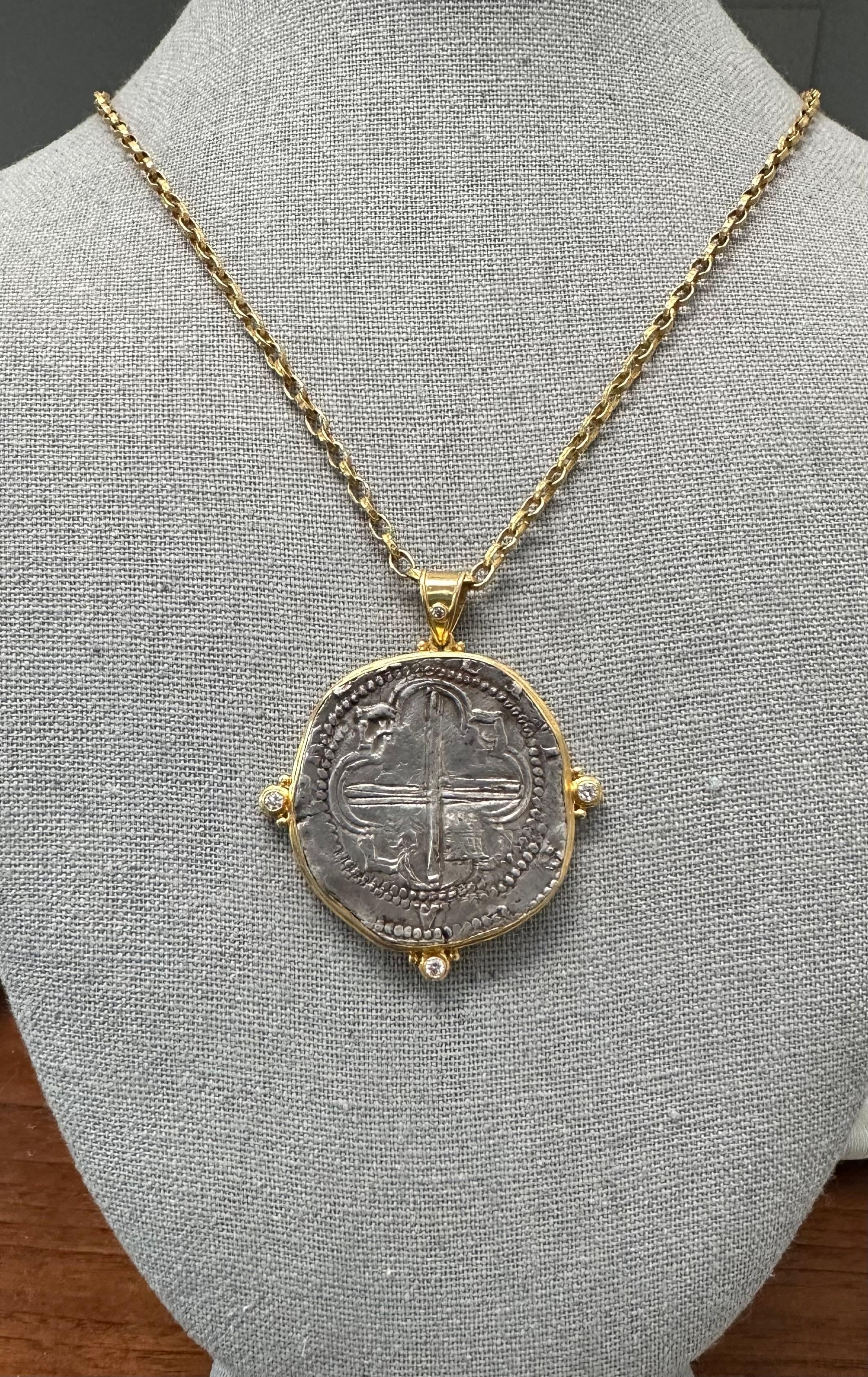 Spanish Colonial Bolivia 1600's Eight Reales Coin Diamonds 18K Gold Pendant For Sale 6