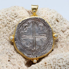 Spanish Colonial Bolivia 1600's Eight Reales Coin Diamonds 18K Gold Pendant