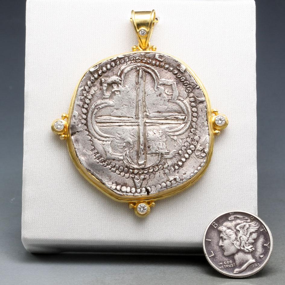 Rose Cut Spanish Colonial Bolivia 1600's Eight Reales Coin Diamonds 18K Gold Pendant For Sale