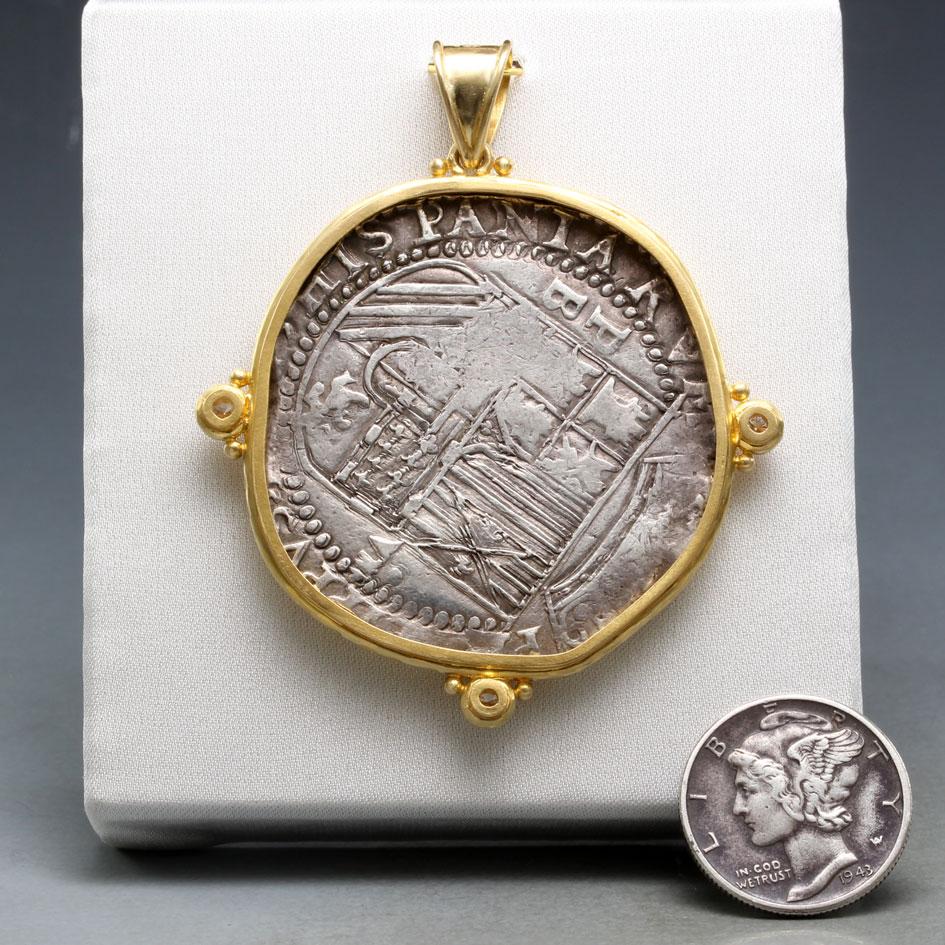 Spanish Colonial Bolivia 1600's Eight Reales Coin Diamonds 18K Gold Pendant In New Condition For Sale In Soquel, CA