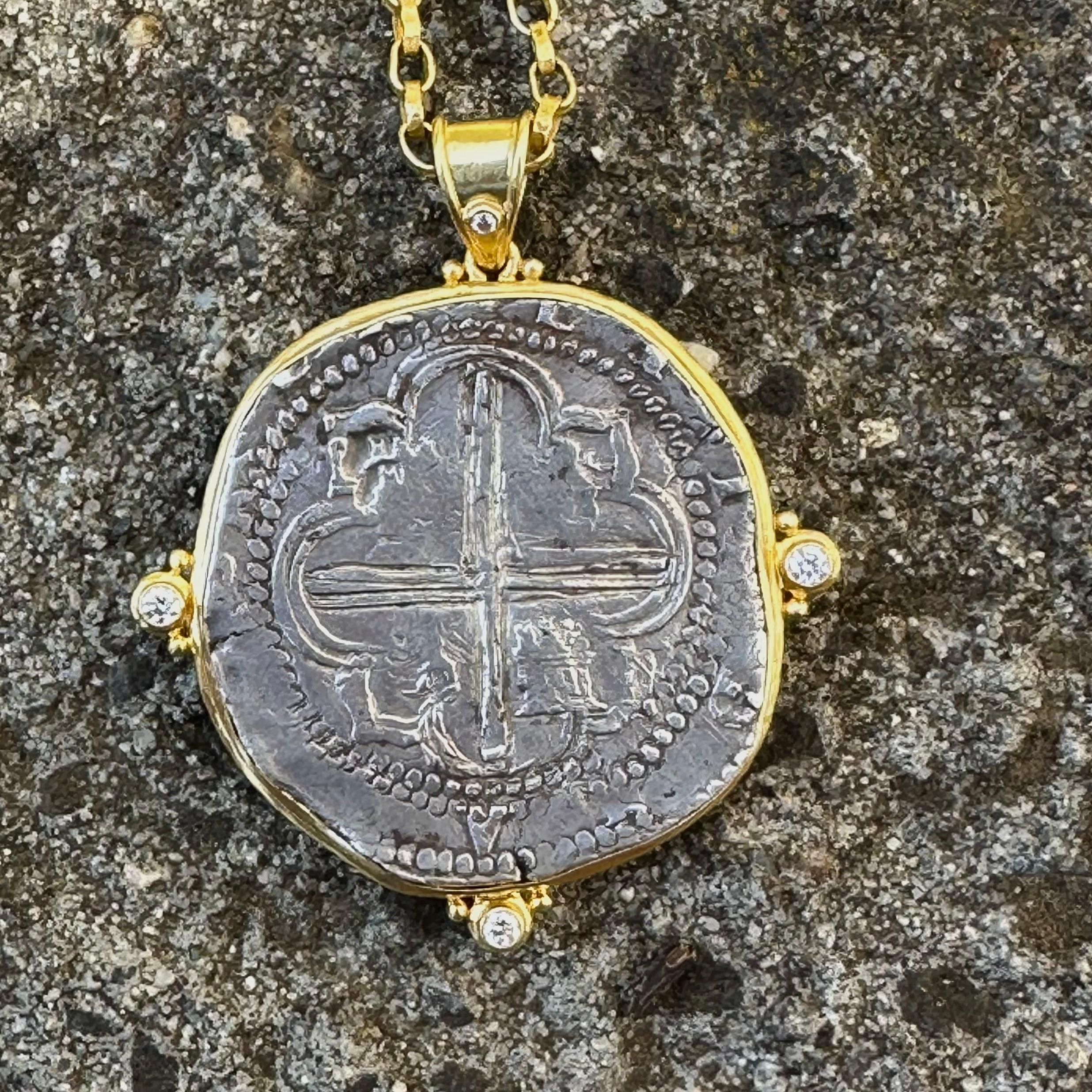 Spanish Colonial Bolivia 1600's Eight Reales Coin Diamonds 18K Gold Pendant For Sale 1