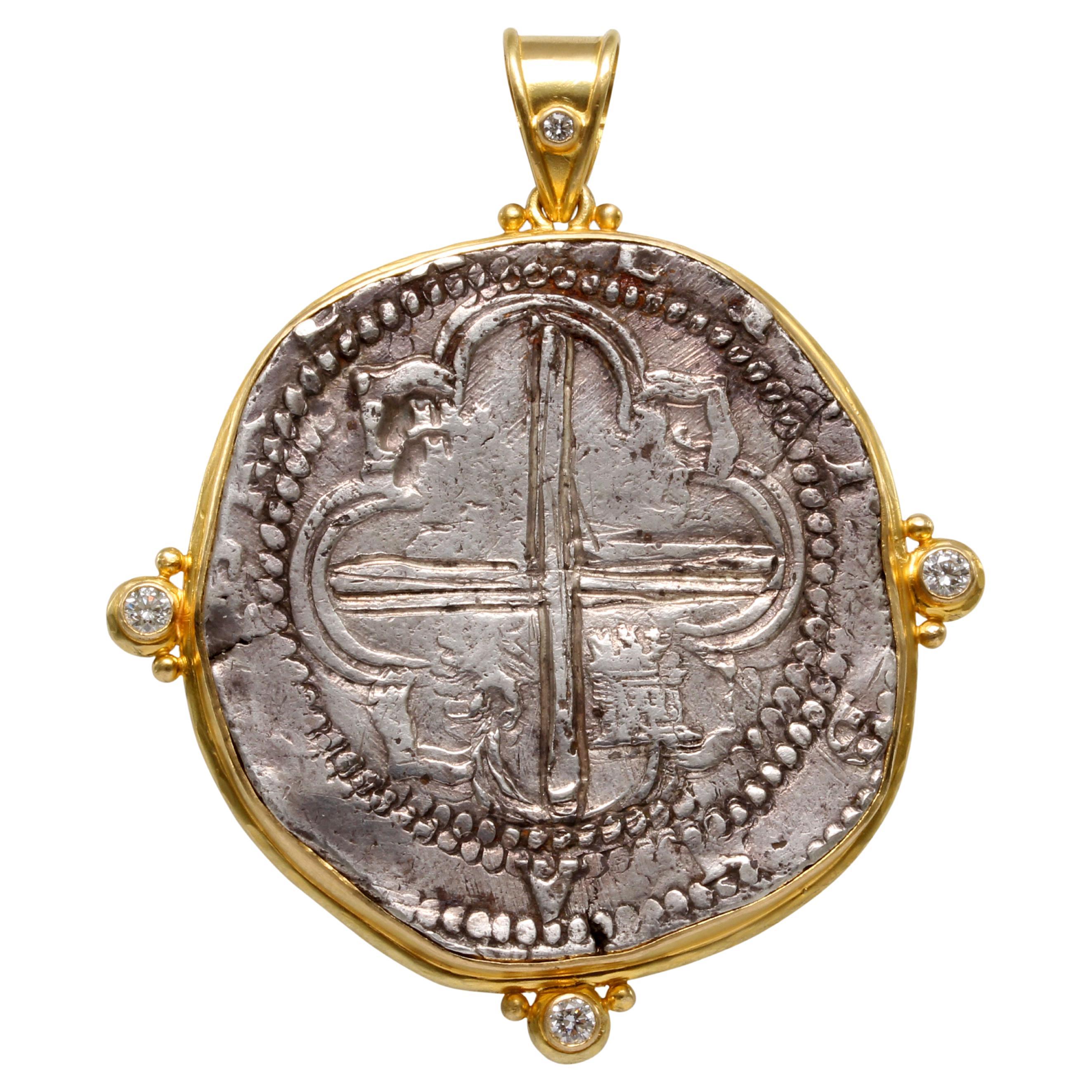 Spanish Colonial Bolivia 1600's Eight Reales Coin Diamonds 18K Gold Pendant For Sale