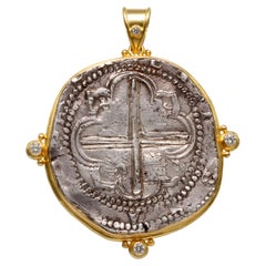 Spanish Colonial Bolivia 1600's Eight Reales Coin Diamonds 18K Gold Pendant