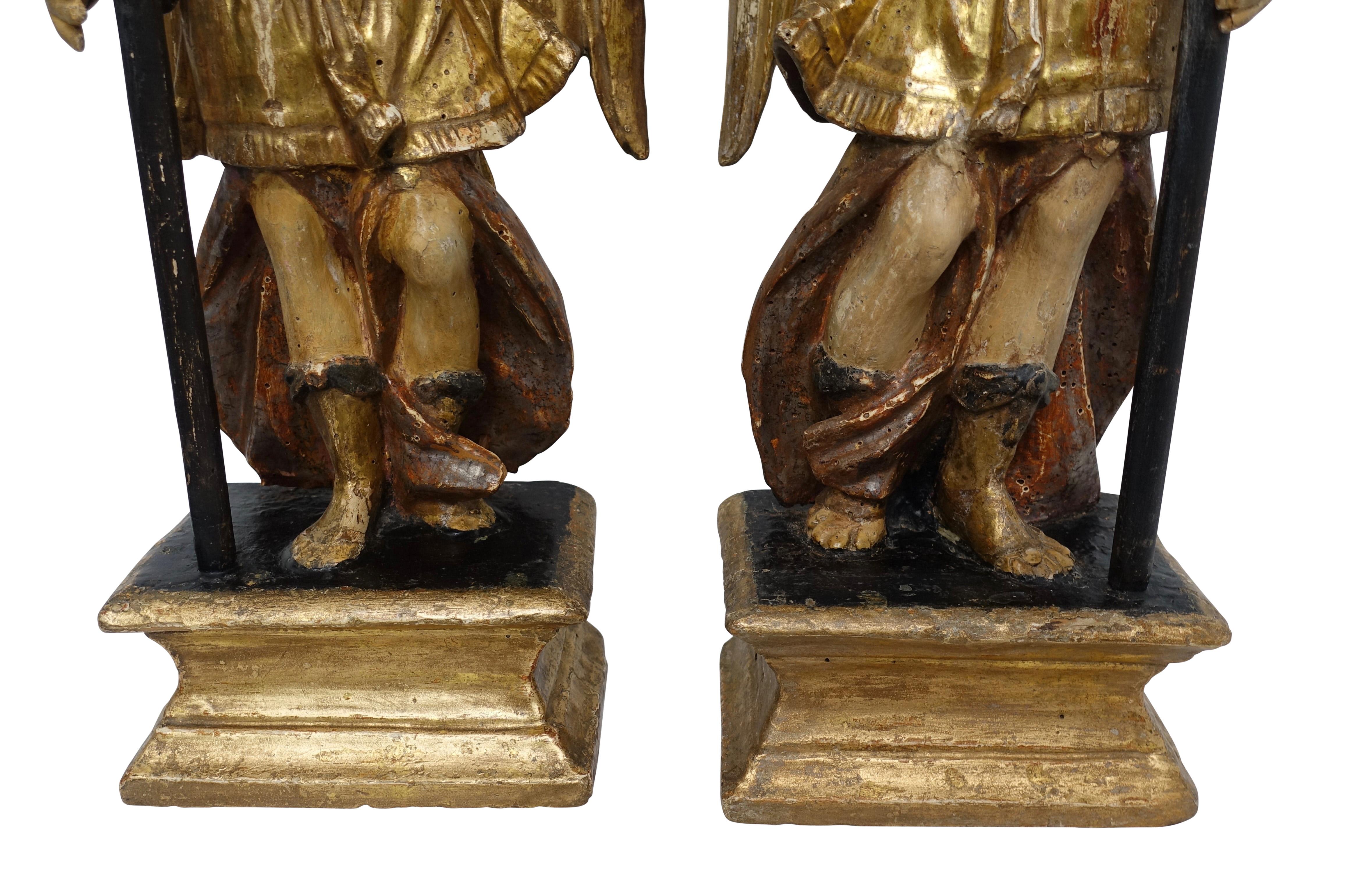Spanish Colonial Carved and Painted Angel Candleholders, Late 18th Century For Sale 4