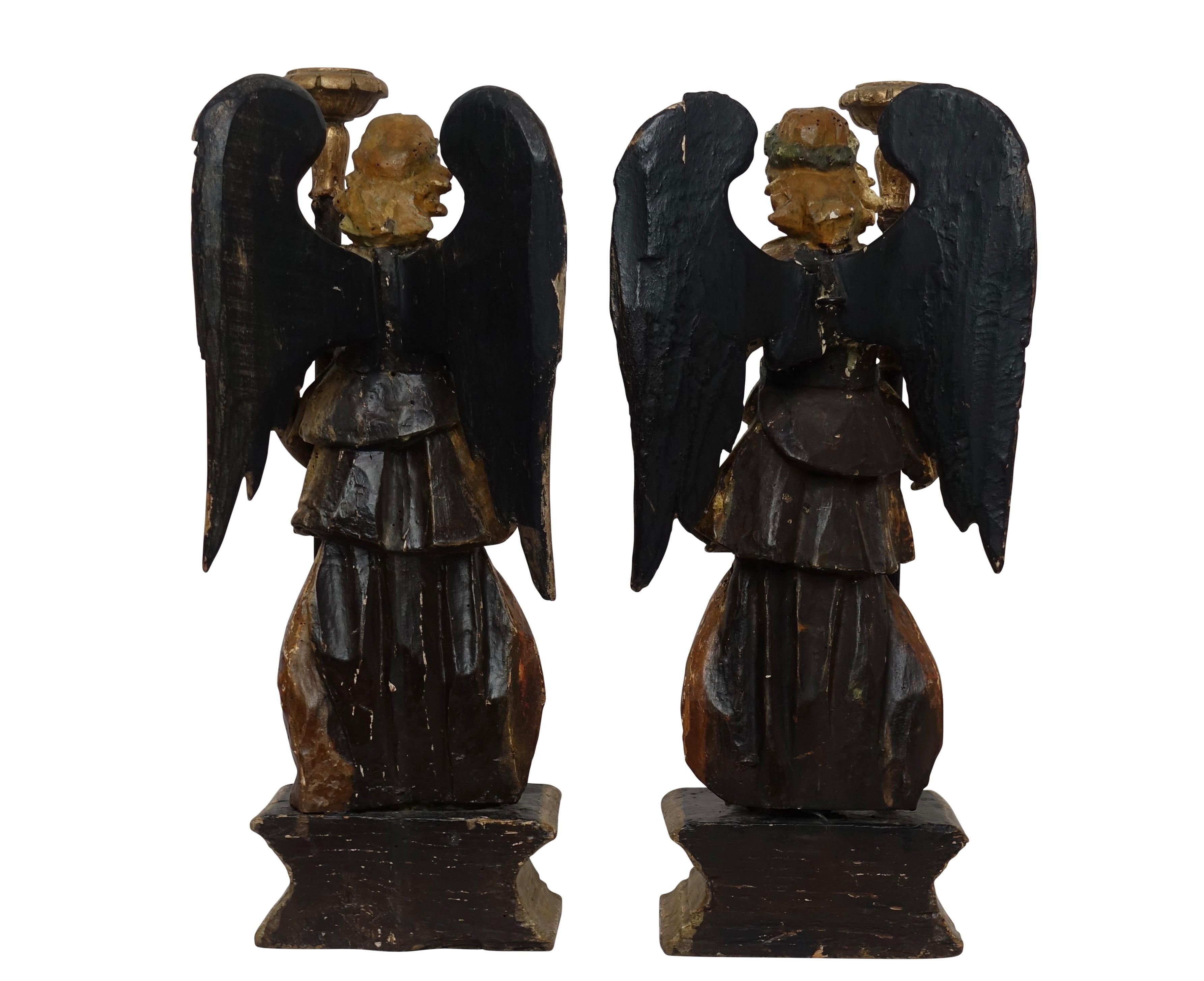 Spanish Colonial Carved and Painted Angel Candleholders, Late 18th Century For Sale 5