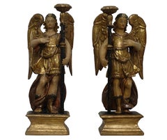 Spanish Colonial Carved and Painted Angel Candleholders, Late 18th Century