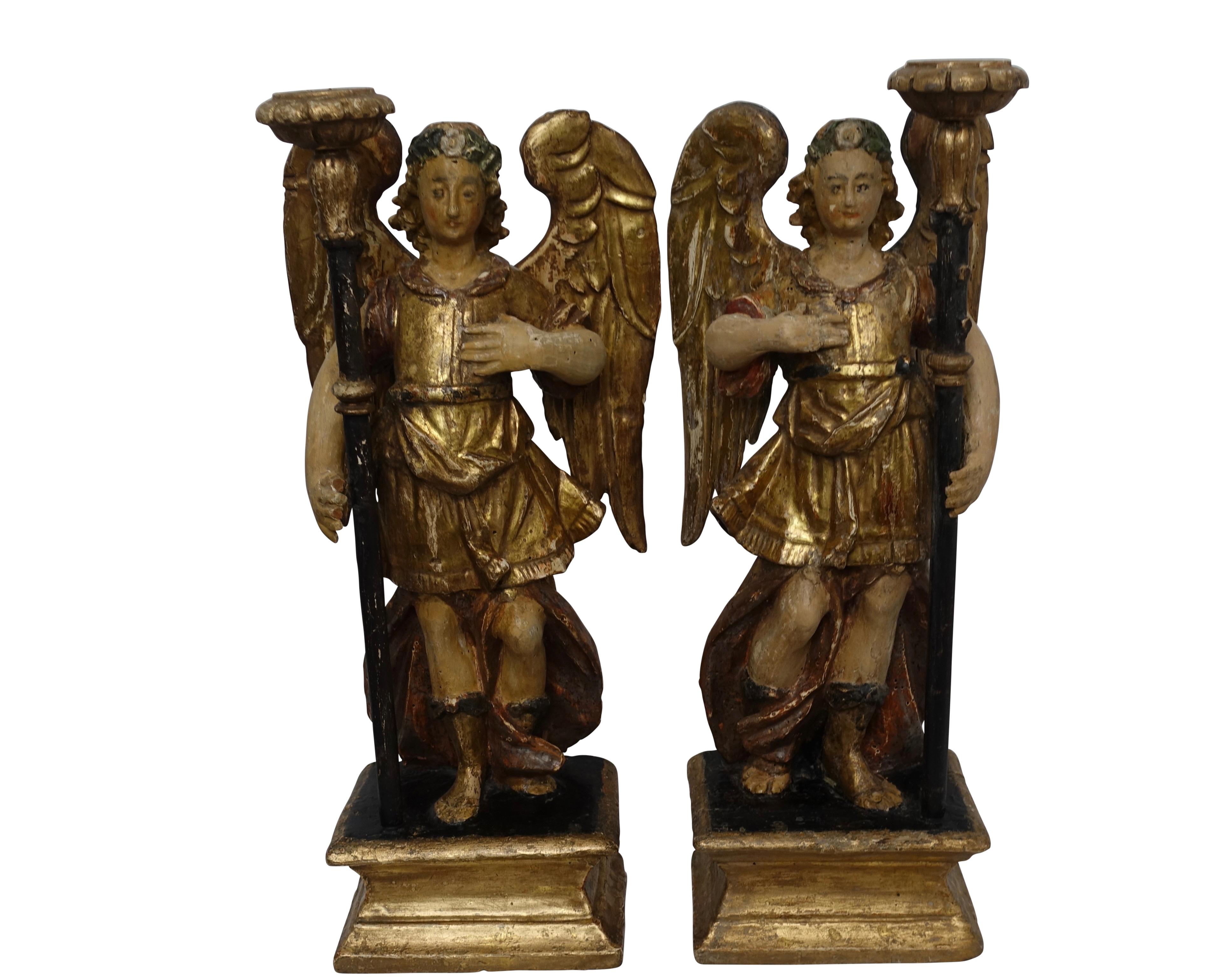 Spanish Colonial Carved and Painted Angel Candleholders, Late 18th Century In Good Condition For Sale In San Francisco, CA