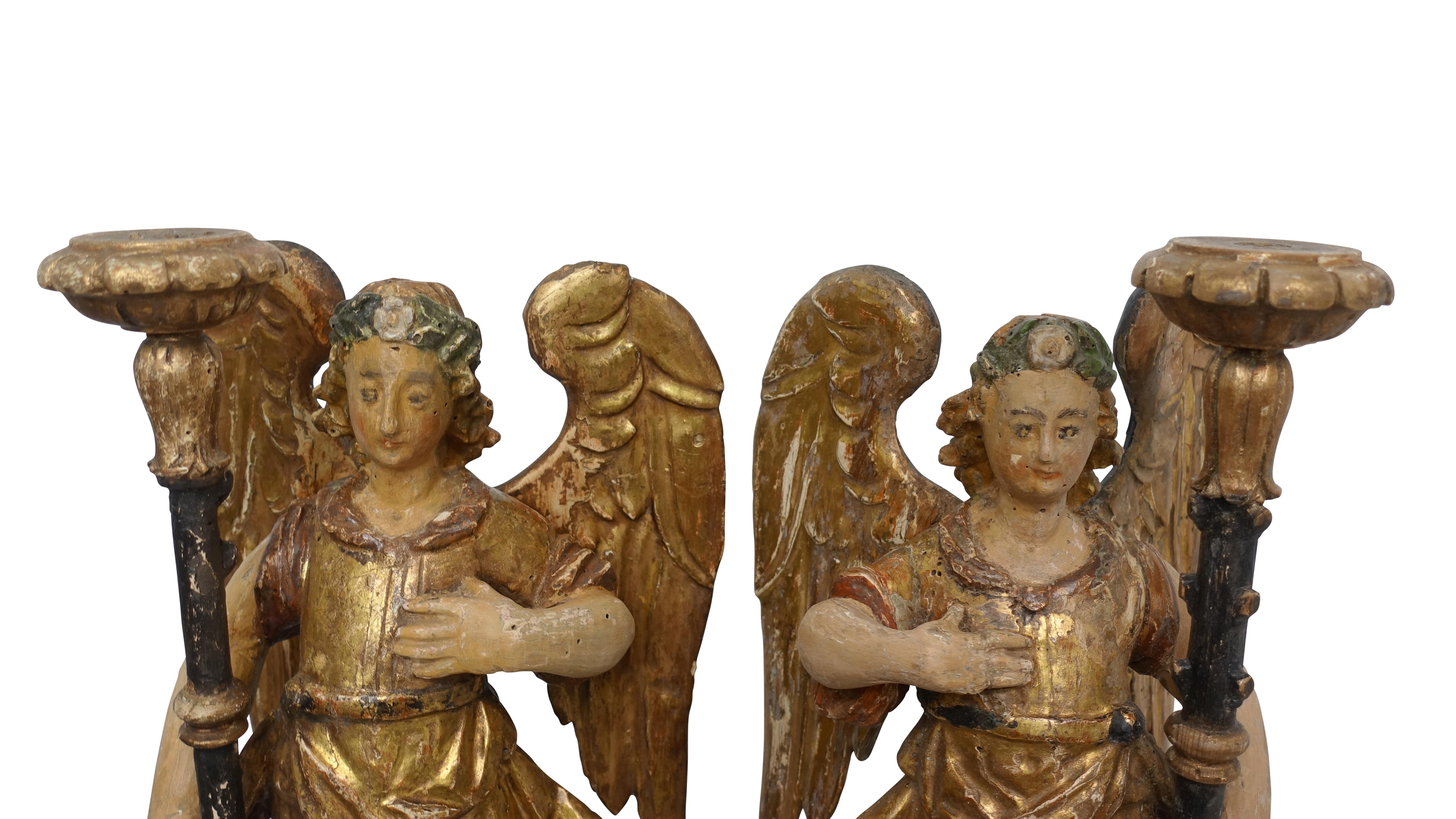 Wood Spanish Colonial Carved and Painted Angel Candleholders, Late 18th Century For Sale