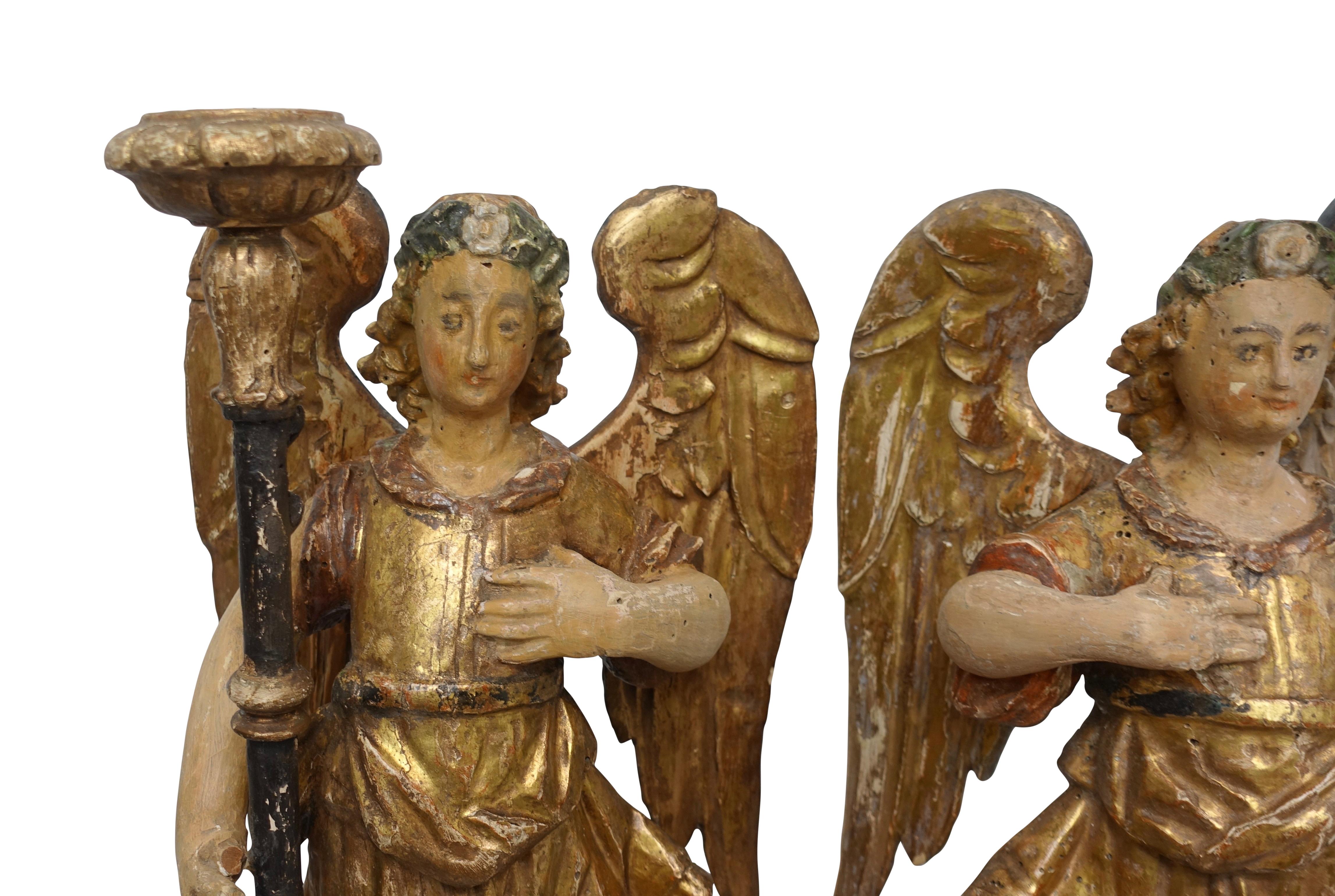 Spanish Colonial Carved and Painted Angel Candleholders, Late 18th Century For Sale 1