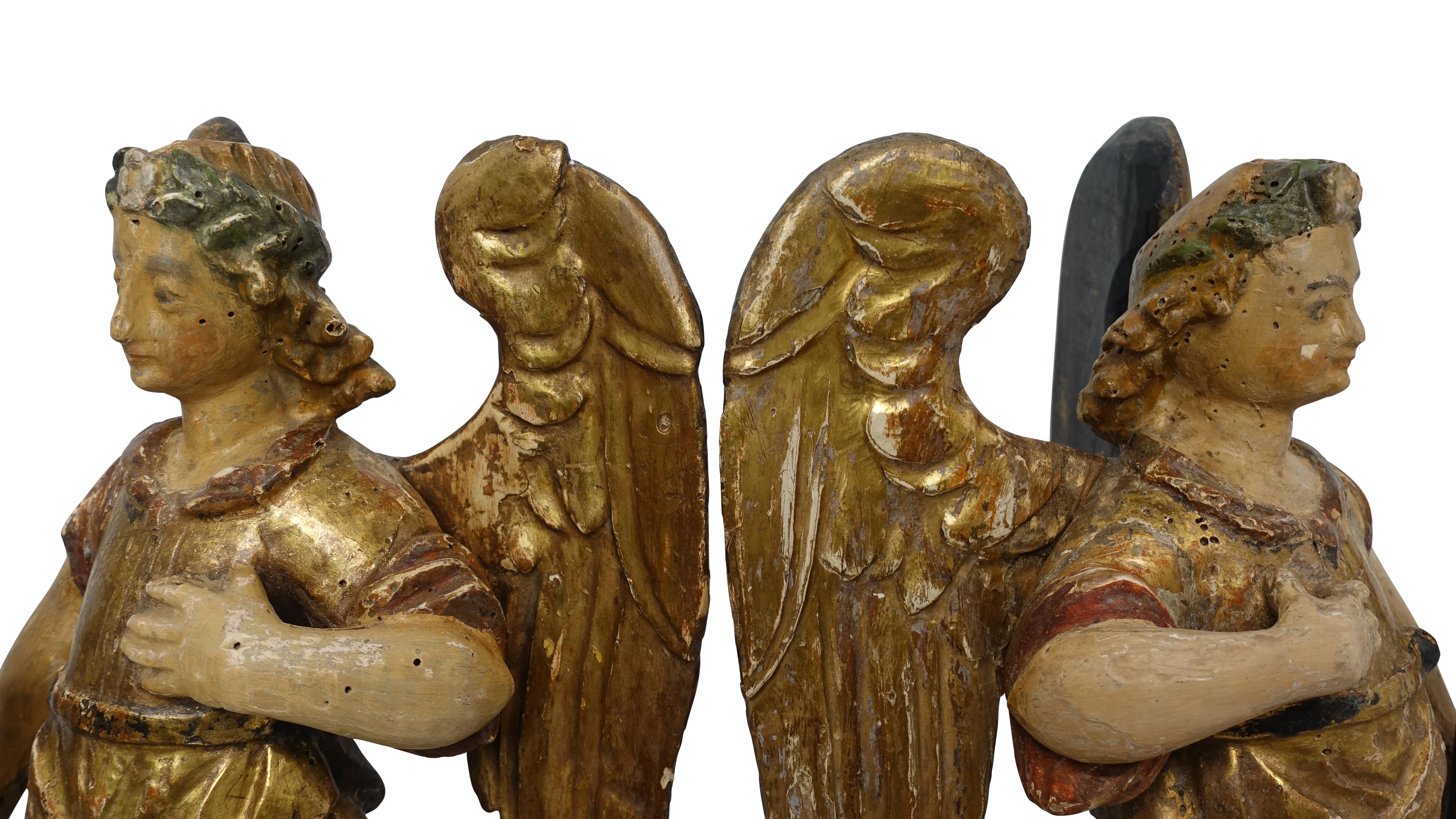 Spanish Colonial Carved and Painted Angel Candleholders, Late 18th Century For Sale 2