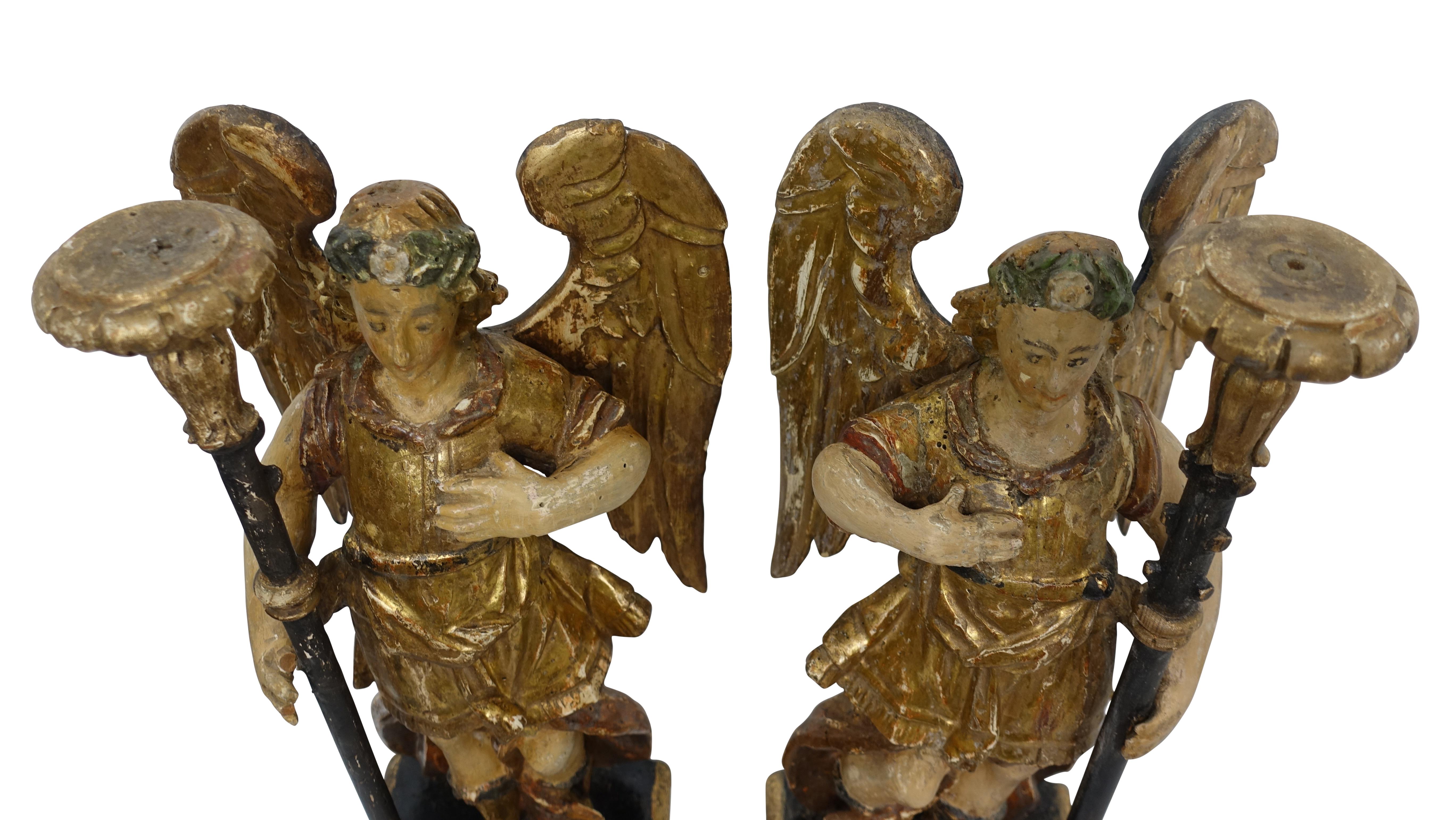 Spanish Colonial Carved and Painted Angel Candleholders, Late 18th Century For Sale 3
