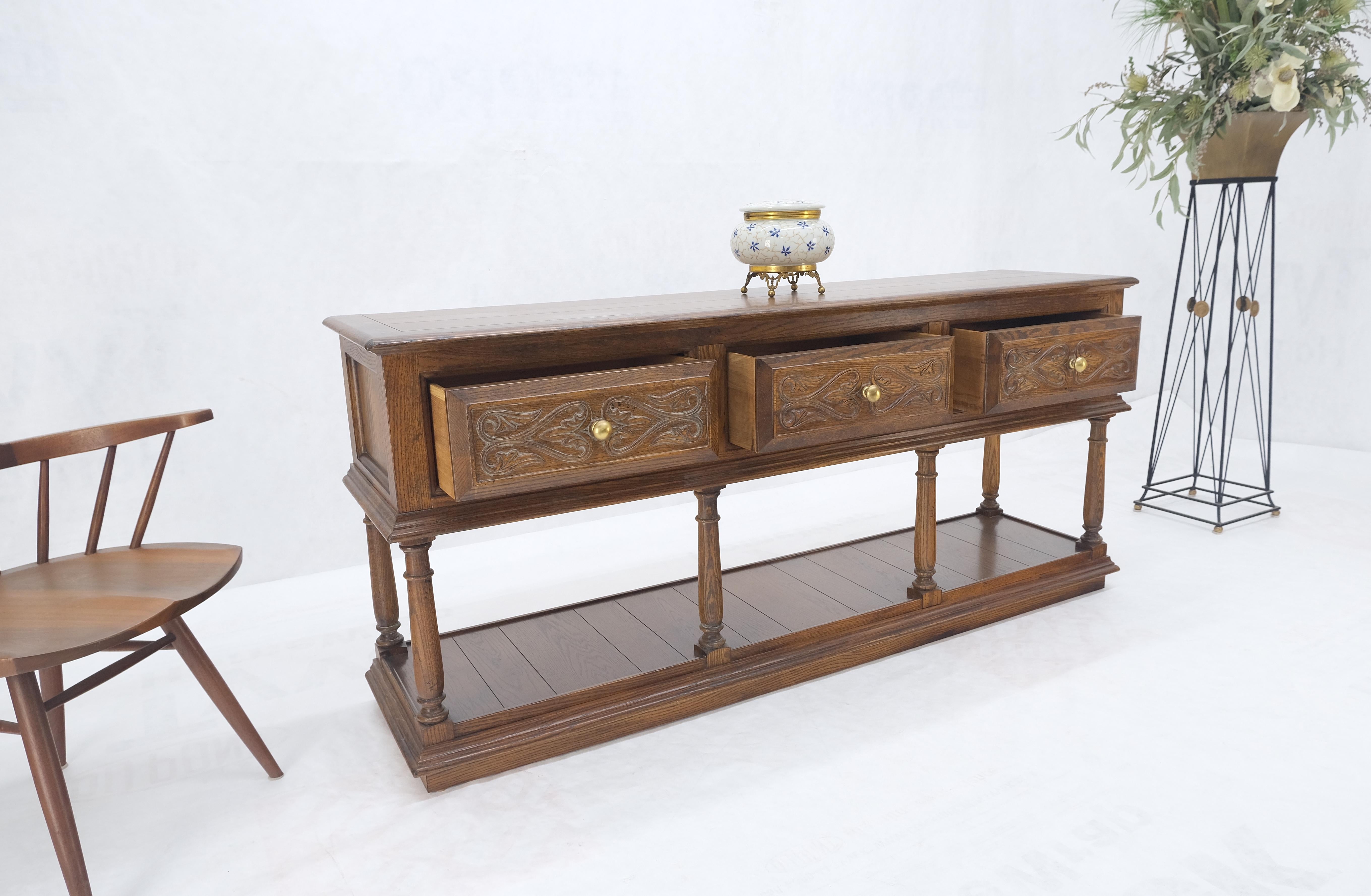 Spanish Colonial Carved Oak 3 Deep Drawer Sideboard Credenza Buffet Console MINT For Sale 3