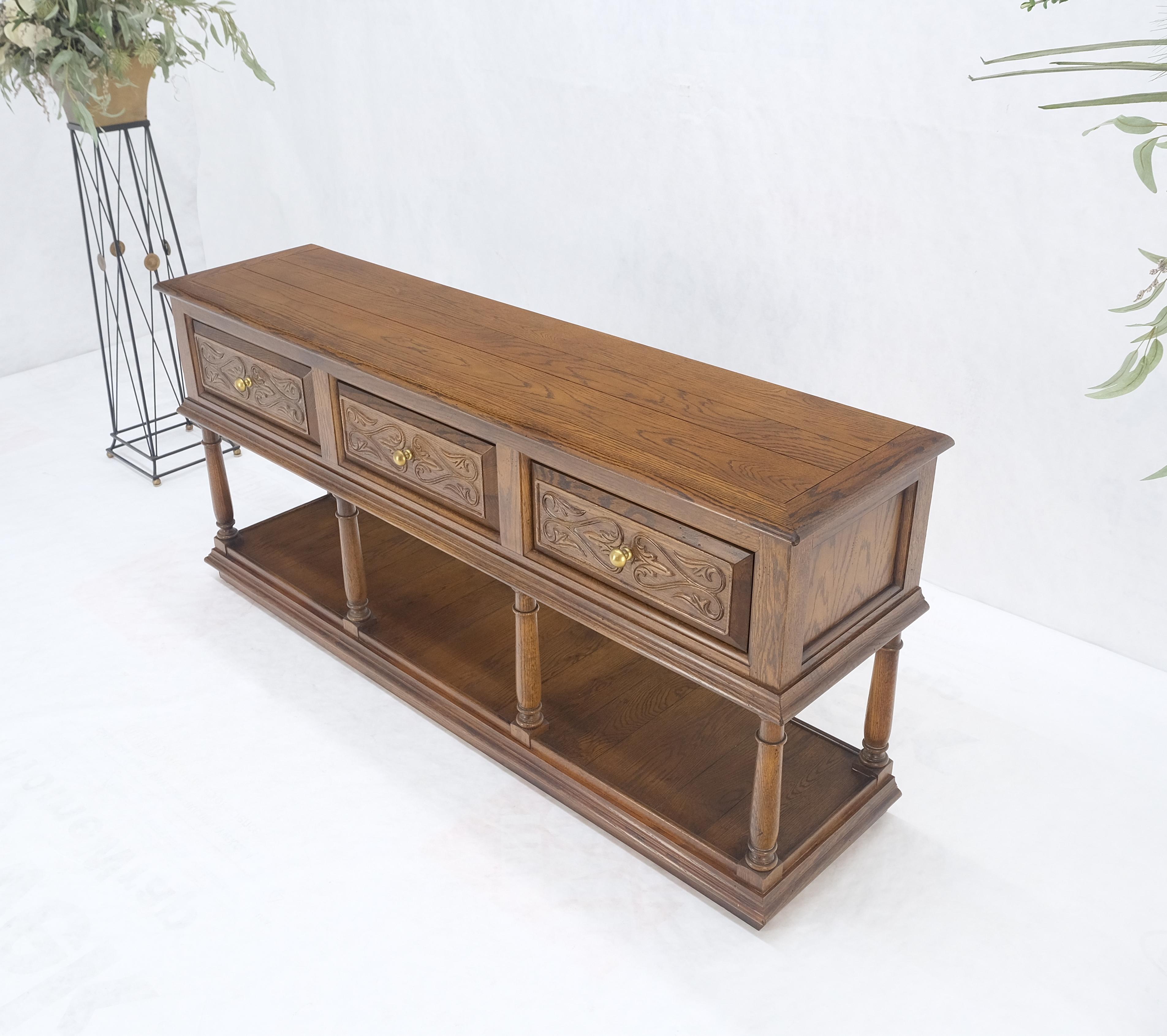 Spanish Colonial Carved Oak 3 Deep Drawer Sideboard Credenza Buffet Console MINT For Sale 1