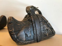 18th Century Spanish Colonial Carved Wood and Iron Stirrups