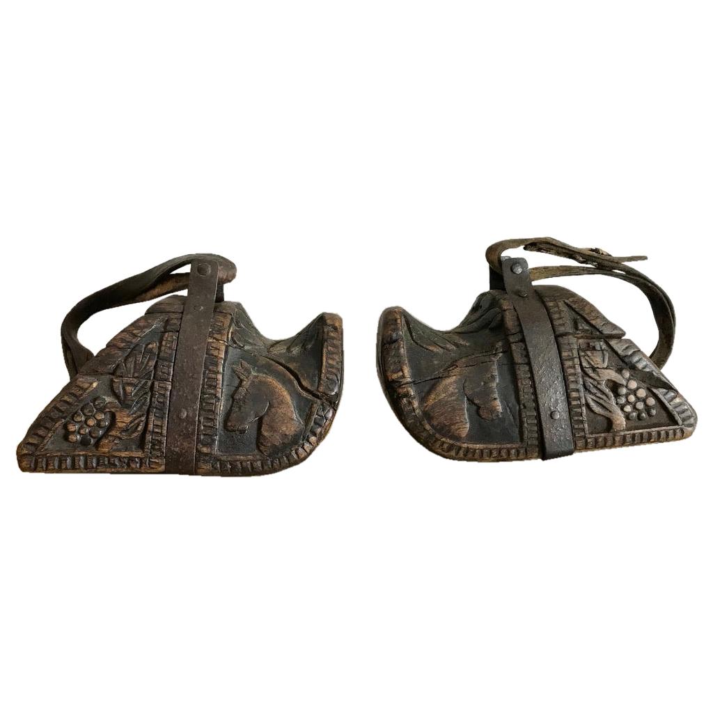 18th Century Spanish Colonial Carved Wood and Iron Stirrups