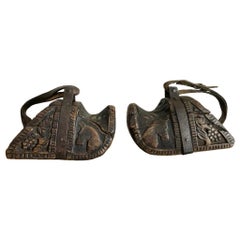 Vintage Spanish Colonial Carved Wood and Iron Stirrups