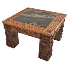 Spanish Colonial Coffee Table in Carved Wood and Black Marble Top, 1940s