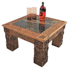 Spanish Colonial Coffee Table in Carved Wood and Black Marble Top, 1940s