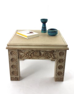 Spanish Colonial Coffee Table in Patinated Carved Wood and Ceramic Top, 1940s