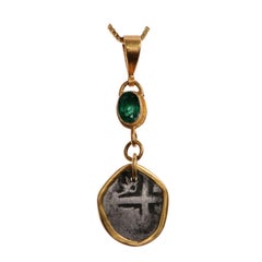 Spanish Colonial Coin Pendant w/Emerald (Chain for display only)