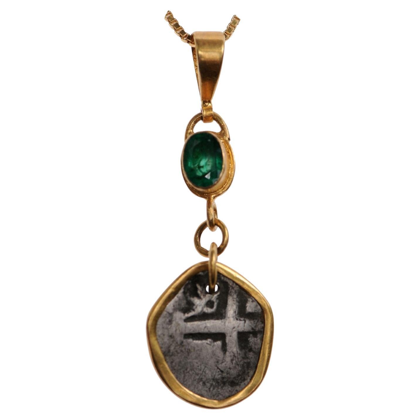 Spanish Colonial Coin Pendant w/Emerald (Chain for display only)