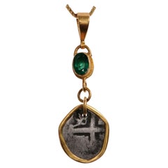 Spanish Colonial Coin Pendant w/Emerald (Chain for display only)