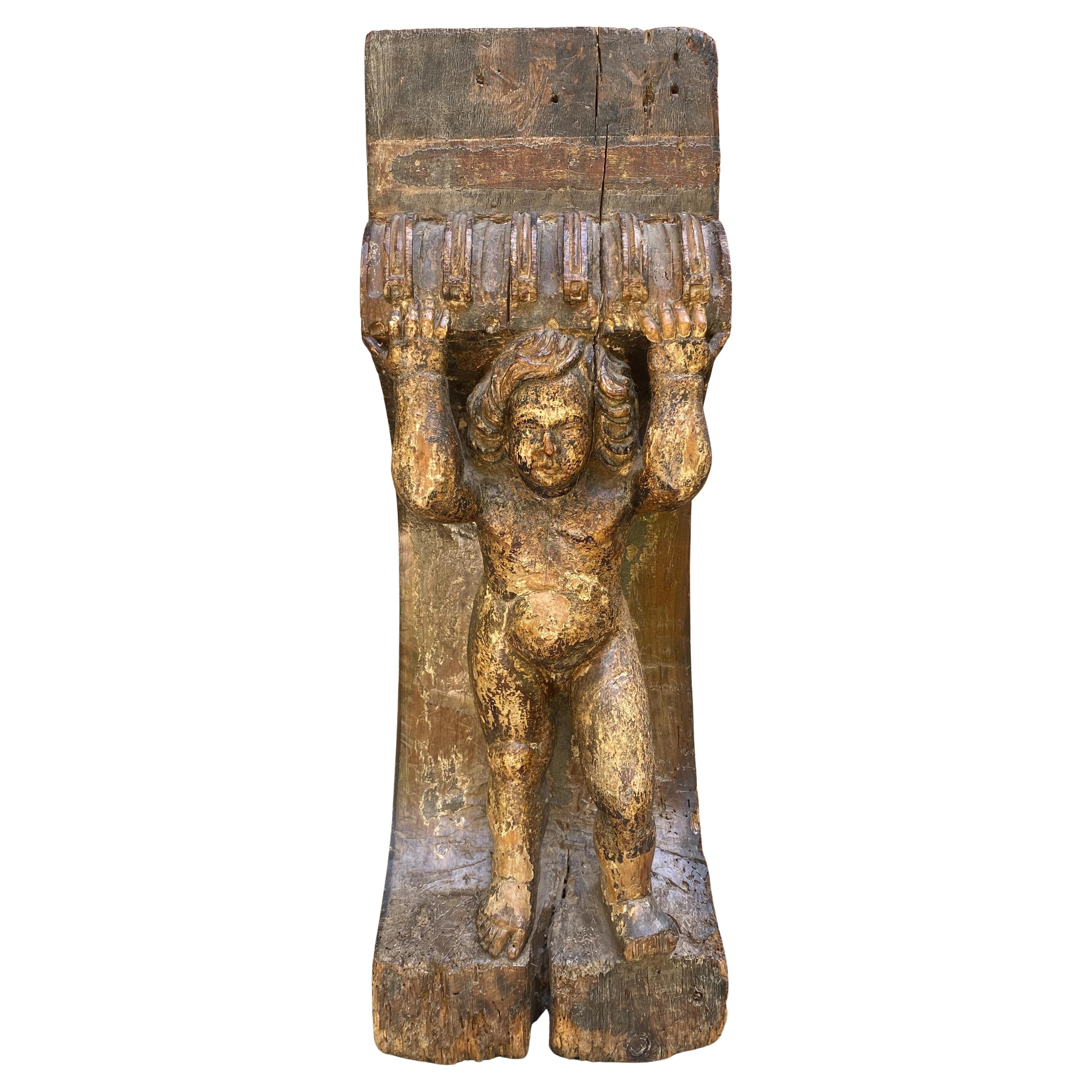 Spanish Colonial Column Base Depicting Putti Holding Corbel