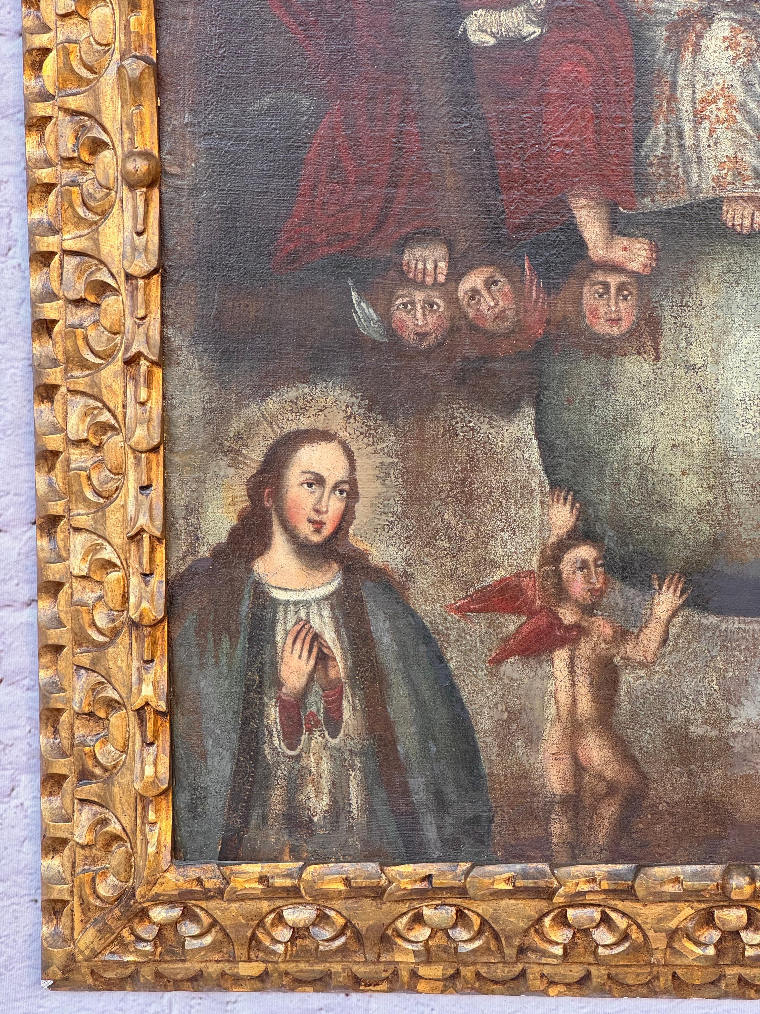 Pintura al Óleo de la Escuela Cusqueña Colonial Española, La Santa Trinidad en venta 4