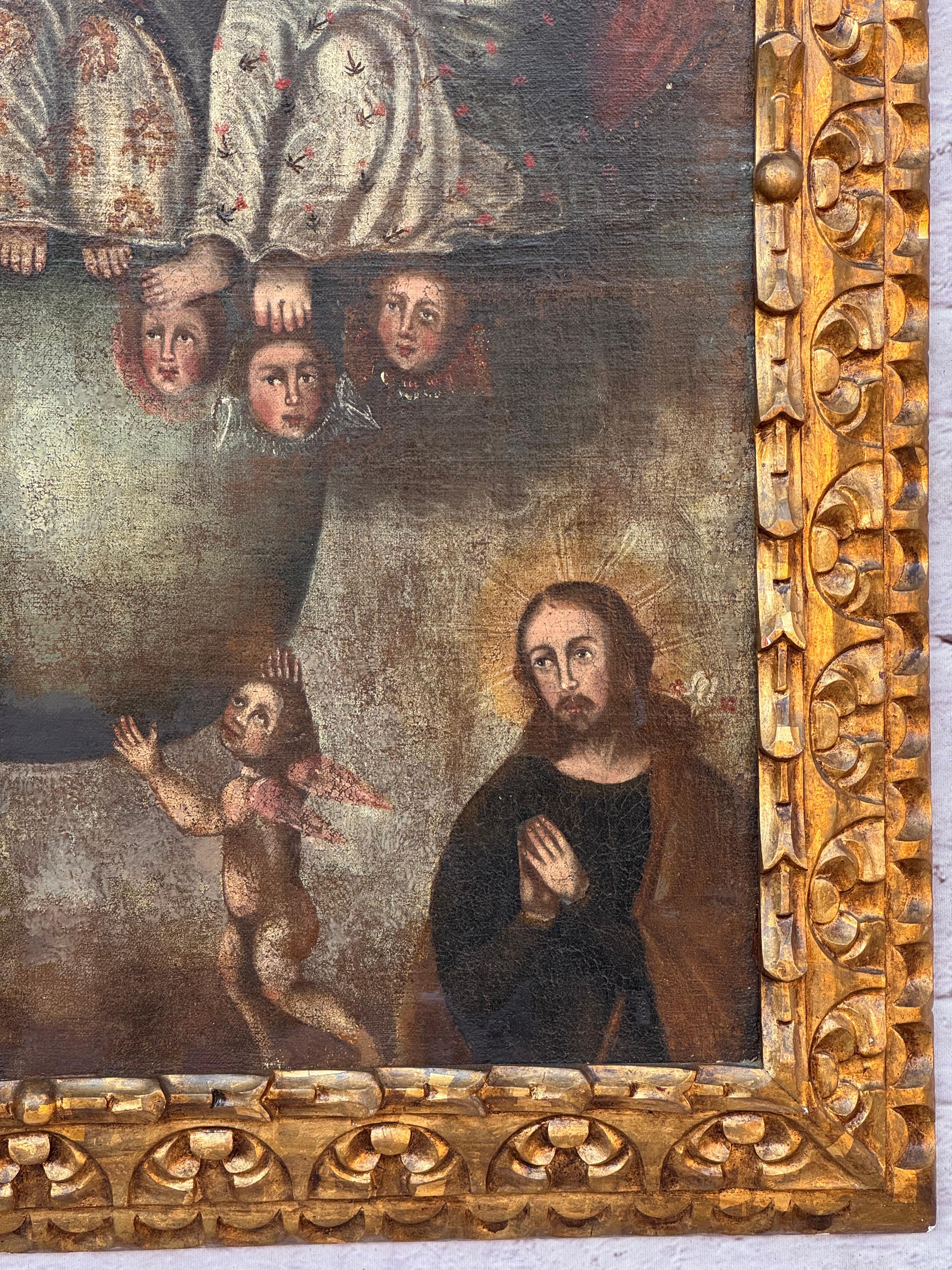 Pintura al Óleo de la Escuela Cusqueña Colonial Española, La Santa Trinidad en venta 5