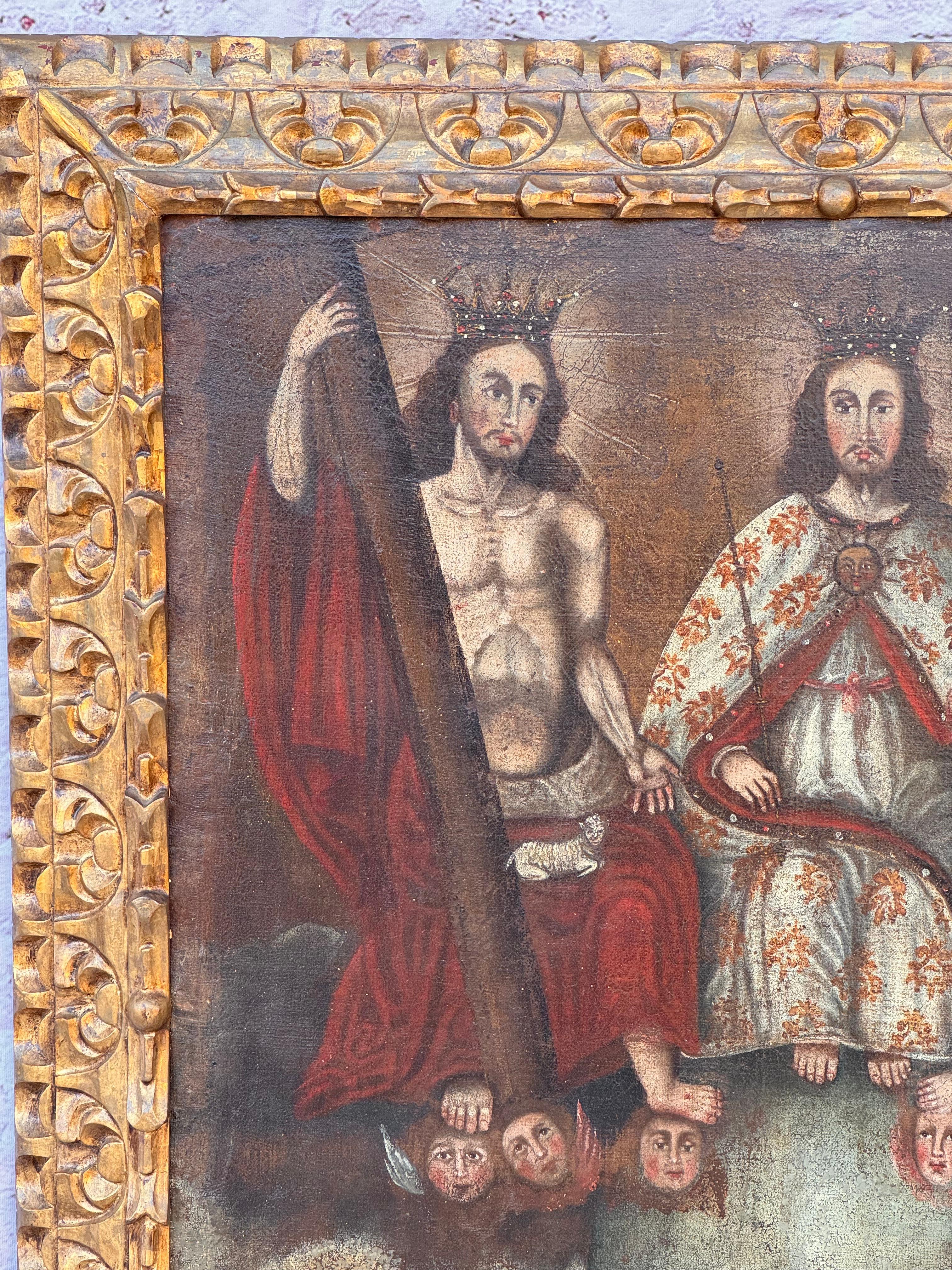 Pintura al Óleo de la Escuela Cusqueña Colonial Española, La Santa Trinidad en venta 7