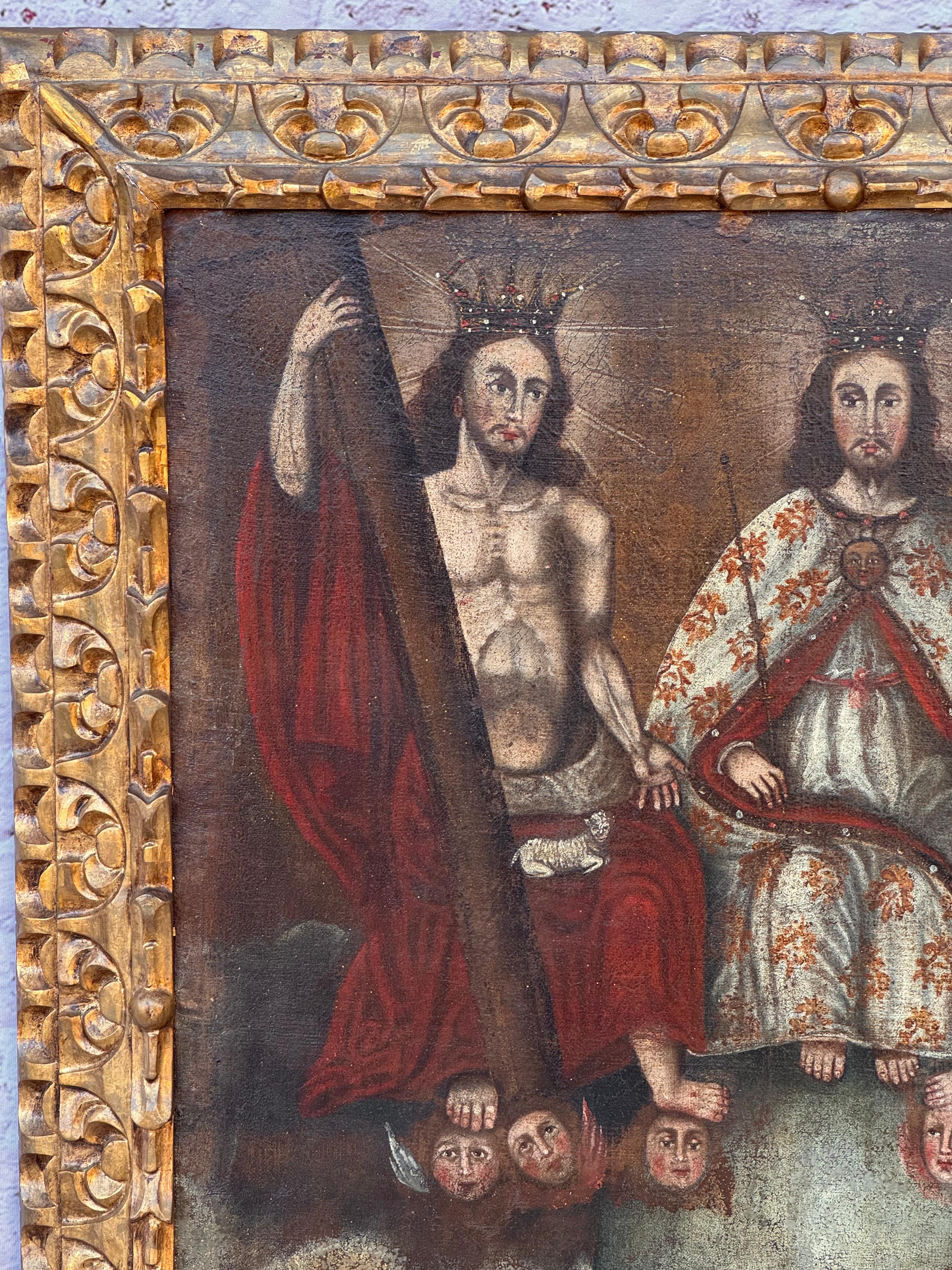 Pintura al Óleo de la Escuela Cusqueña Colonial Española, La Santa Trinidad en venta 8